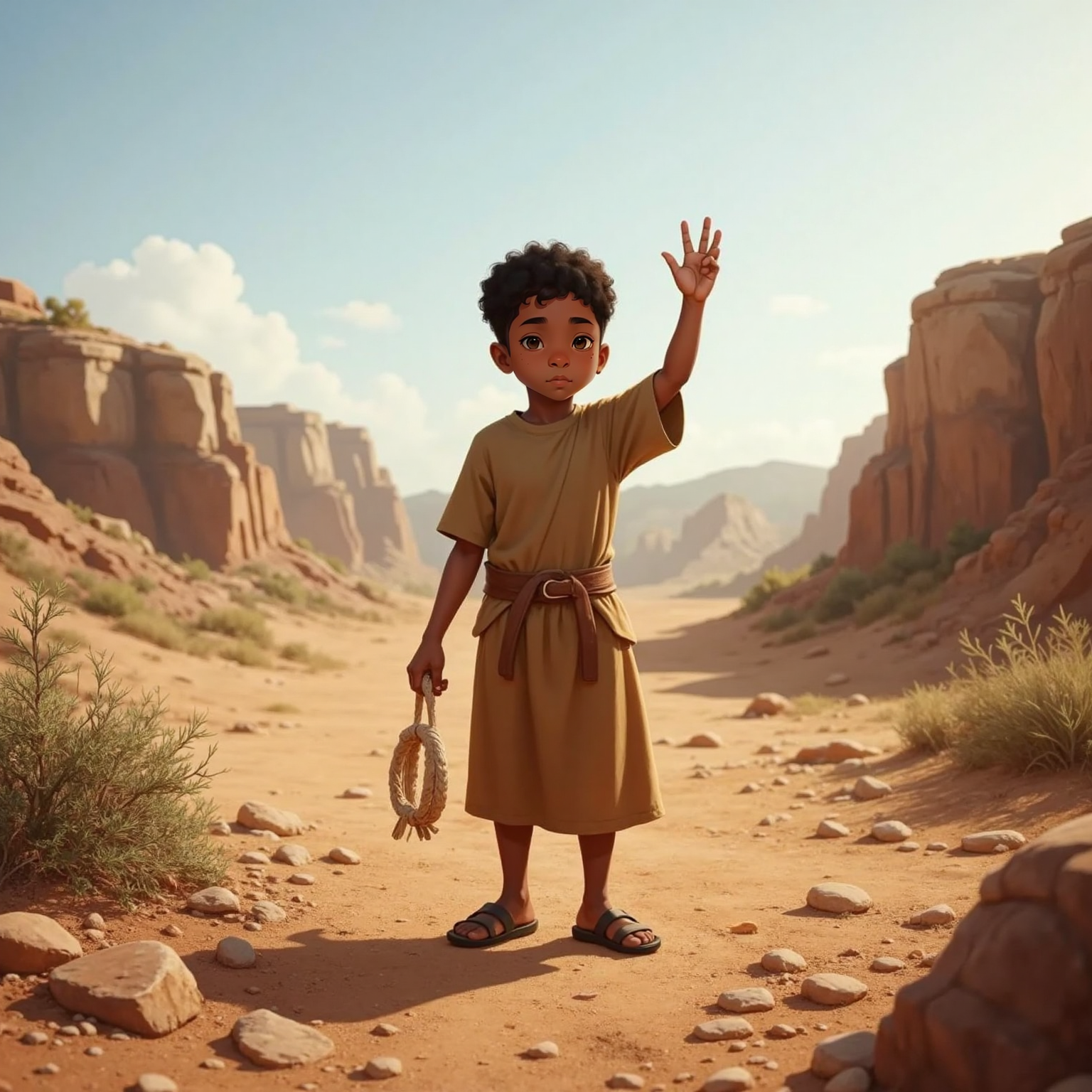 On the battlefield, David calls out with raised hand, declaring he comes in God’s name; his sling dangles at his side. 