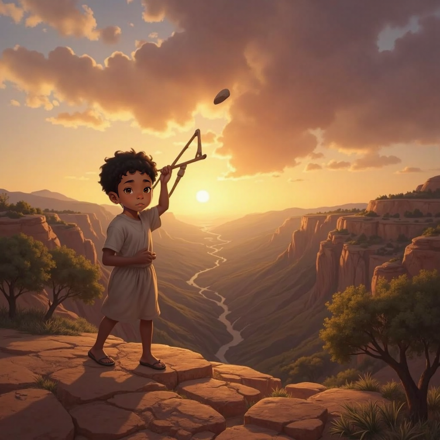 Sunset light bathes the valley as David whirls his slingshot above his head, feet planted firmly on rough ground. The single stone blurs mid-air toward unseen Goliath.