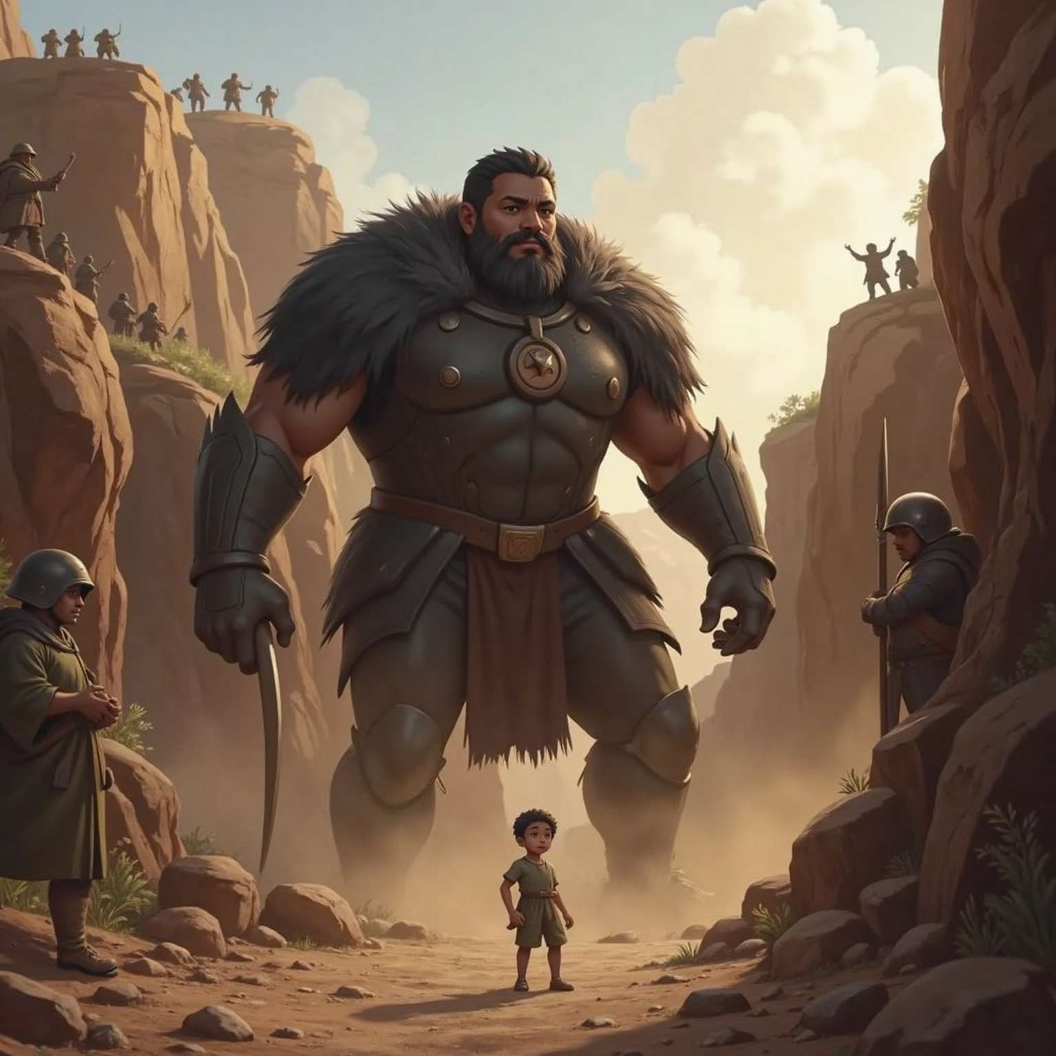 Under fading twilight, the stone strikes Goliath’s forehead; the giant falls backward, eyes wide, massive spear slipping from his hand. Dust rises while distant soldiers lift arms in stunned cheer.