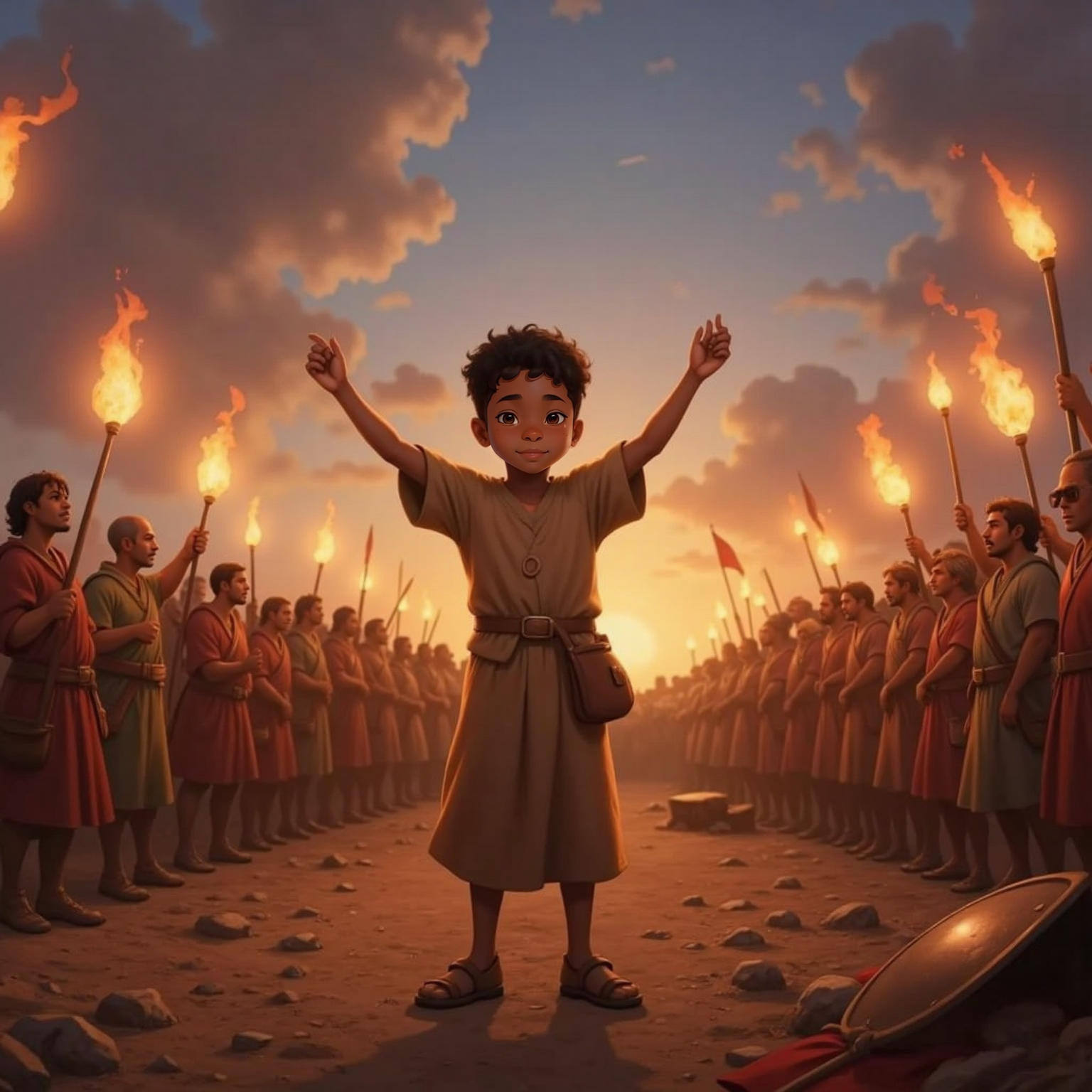 Evening settles on the battlefield where David raises both hands joyfully. Torches flicker behind celebrating soldiers, casting warm orange glow on the victorious pair.