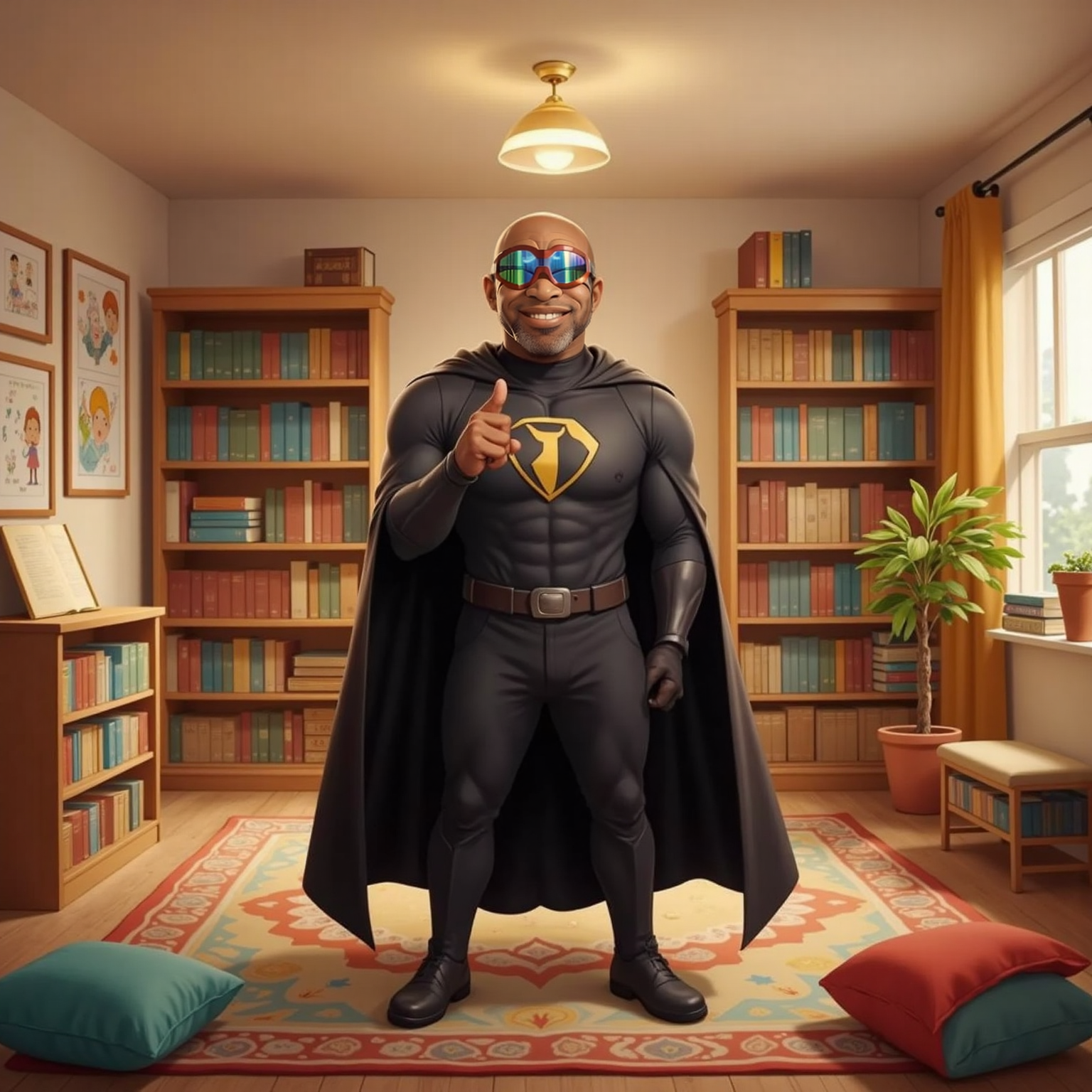 Back in the bright storytelling room, Captain Faith points toward the reader with an encouraging smile. Soft overhead lights create a hopeful ambience around his open stance.
