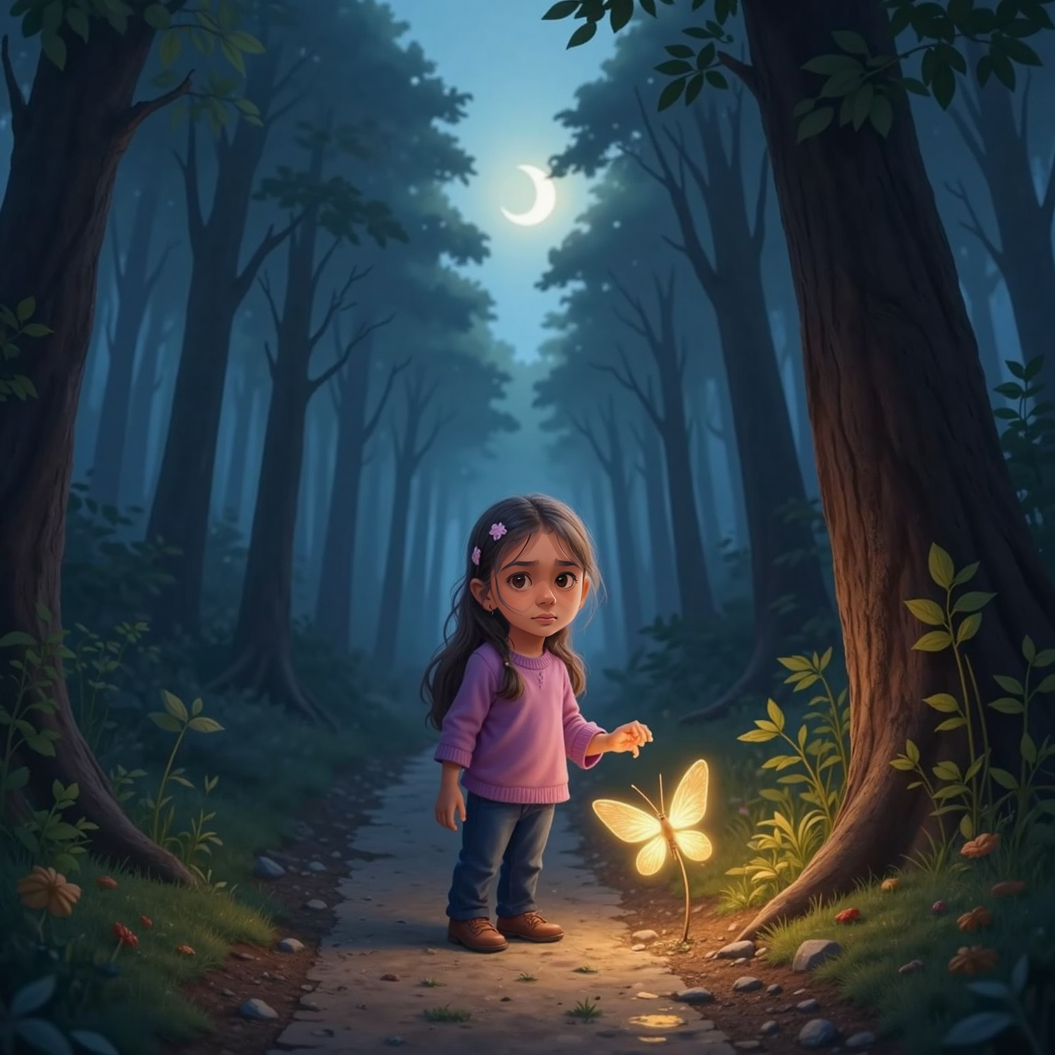 At the moonless forest edge at night, Mariana stands on a dirt path, gripping the tiny hand of an enchanted firefly glowing yellow. Dim blue darkness surrounds towering trees while the firefly’s warm light illuminates her anxious face.