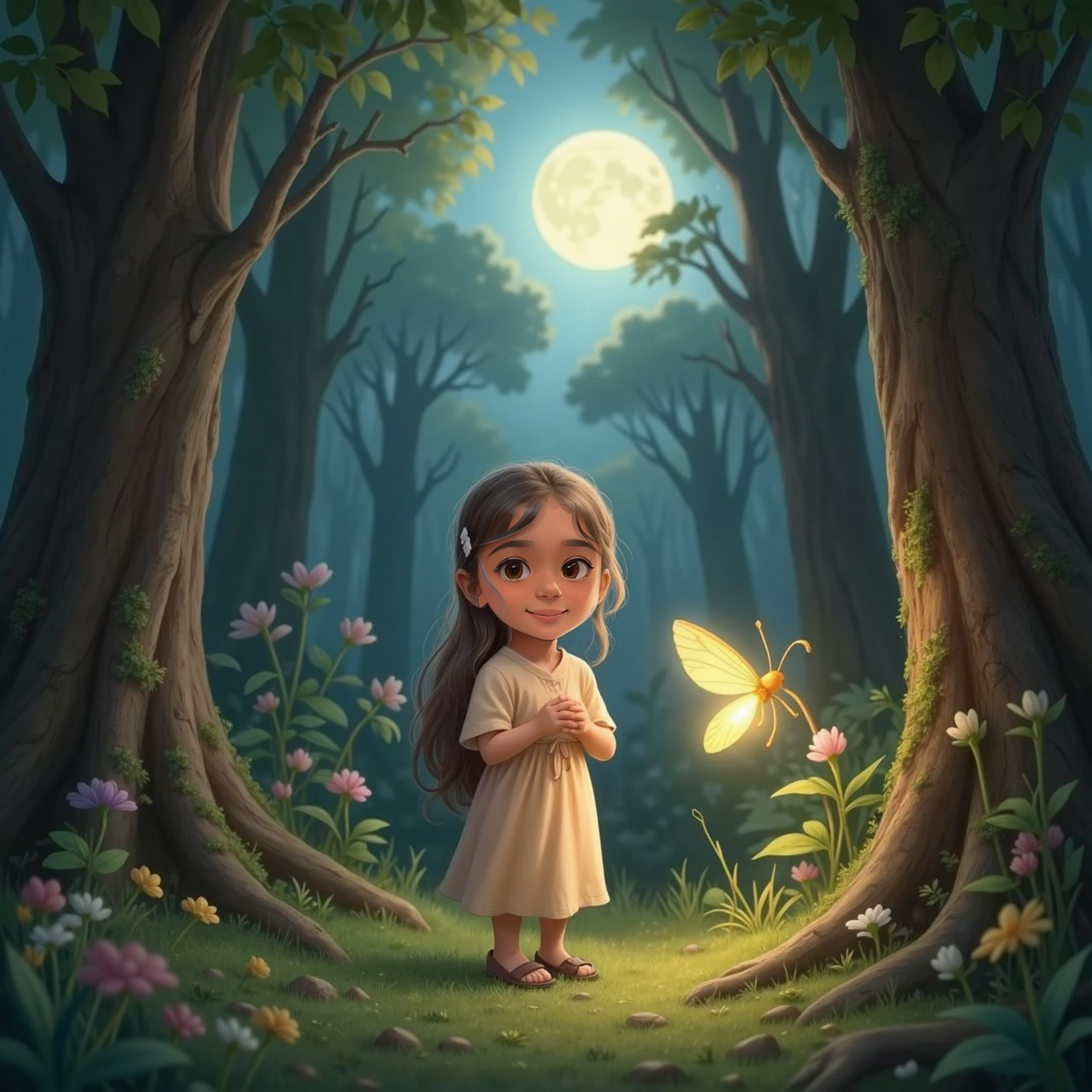 Inside a moonlit forest clearing, Mariana closes her eyes and softly sings, hands clasped before her. Above the treetops a single star flickers awake as an enchanted firefly glowing yellow twirls joyfully through the cool night air.