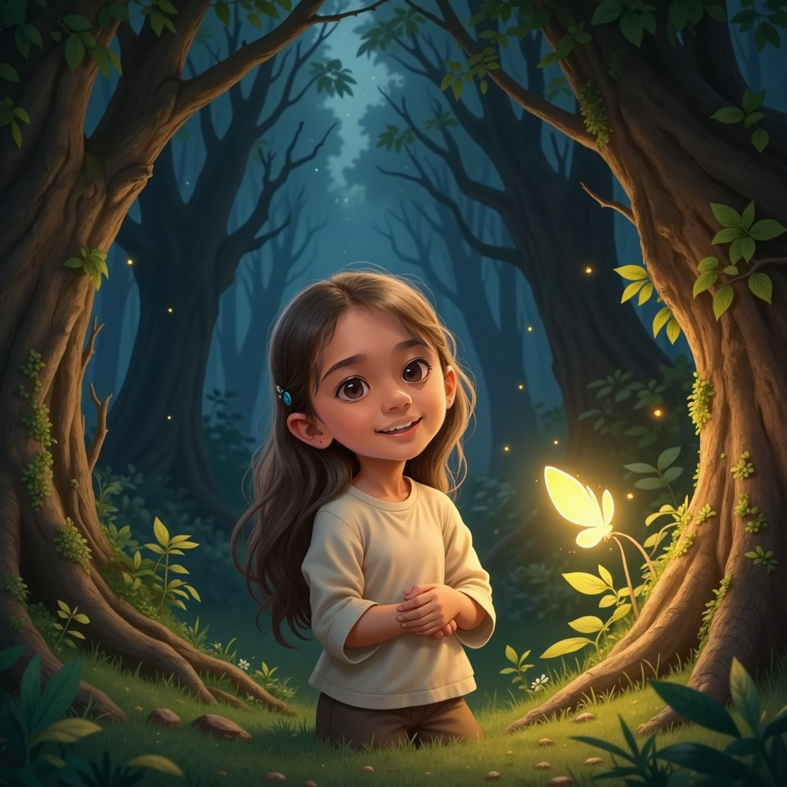 Among rustling trees deep in the nighttime forest, Mariana throws her head back in hearty laughter, hands on her belly. Vibrating leaves frame rising golden sparks while an enchanted firefly glowing yellow hovers beside her, reflecting the newborn light.
