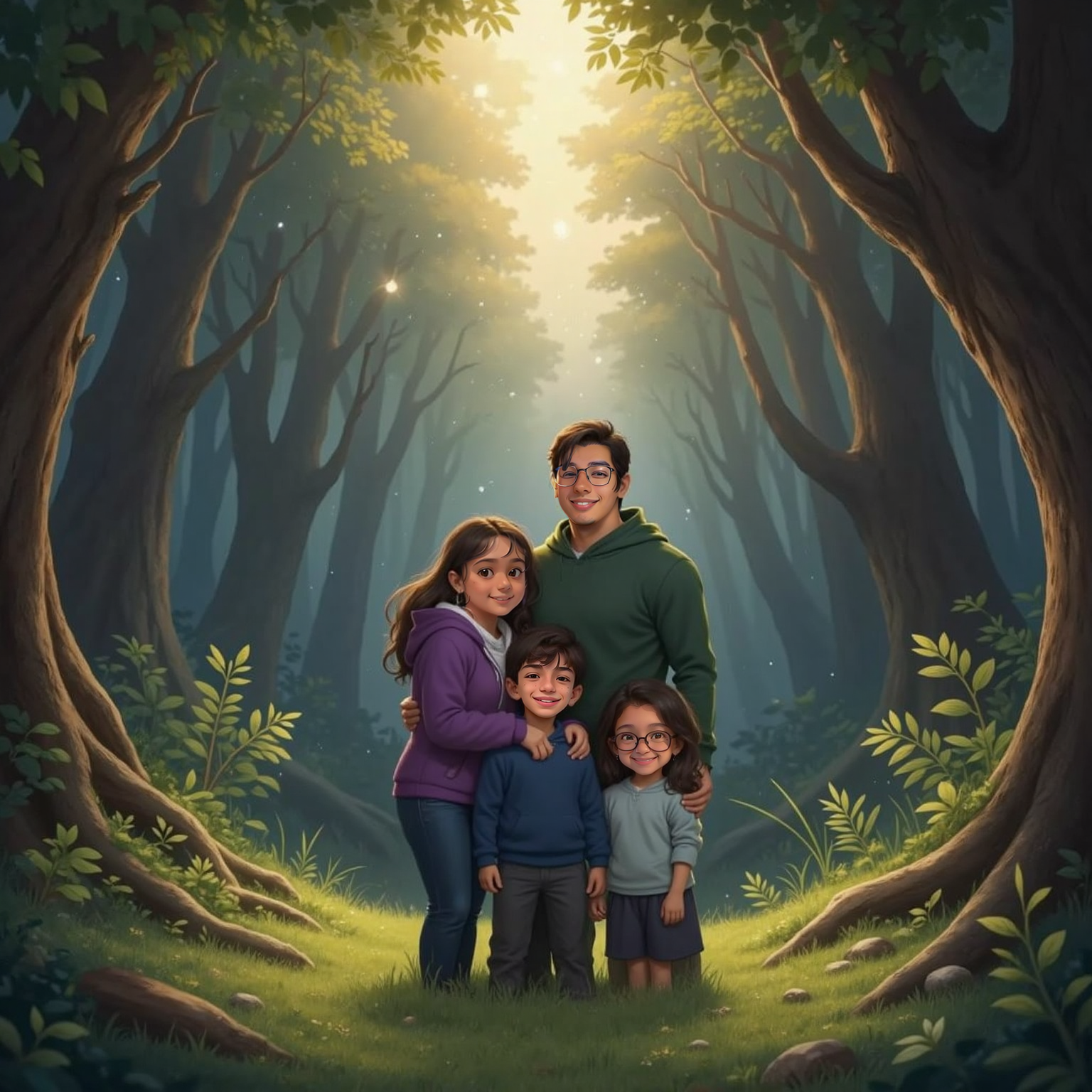 Back in the starlit forest clearing, Mariana wraps her arms around Felipe, Robert and Cecilia as a shimmering rain of light descends. The 4 stand knee-deep in soft moss, faces uplifted and glowing beneath the revived constellation sky.