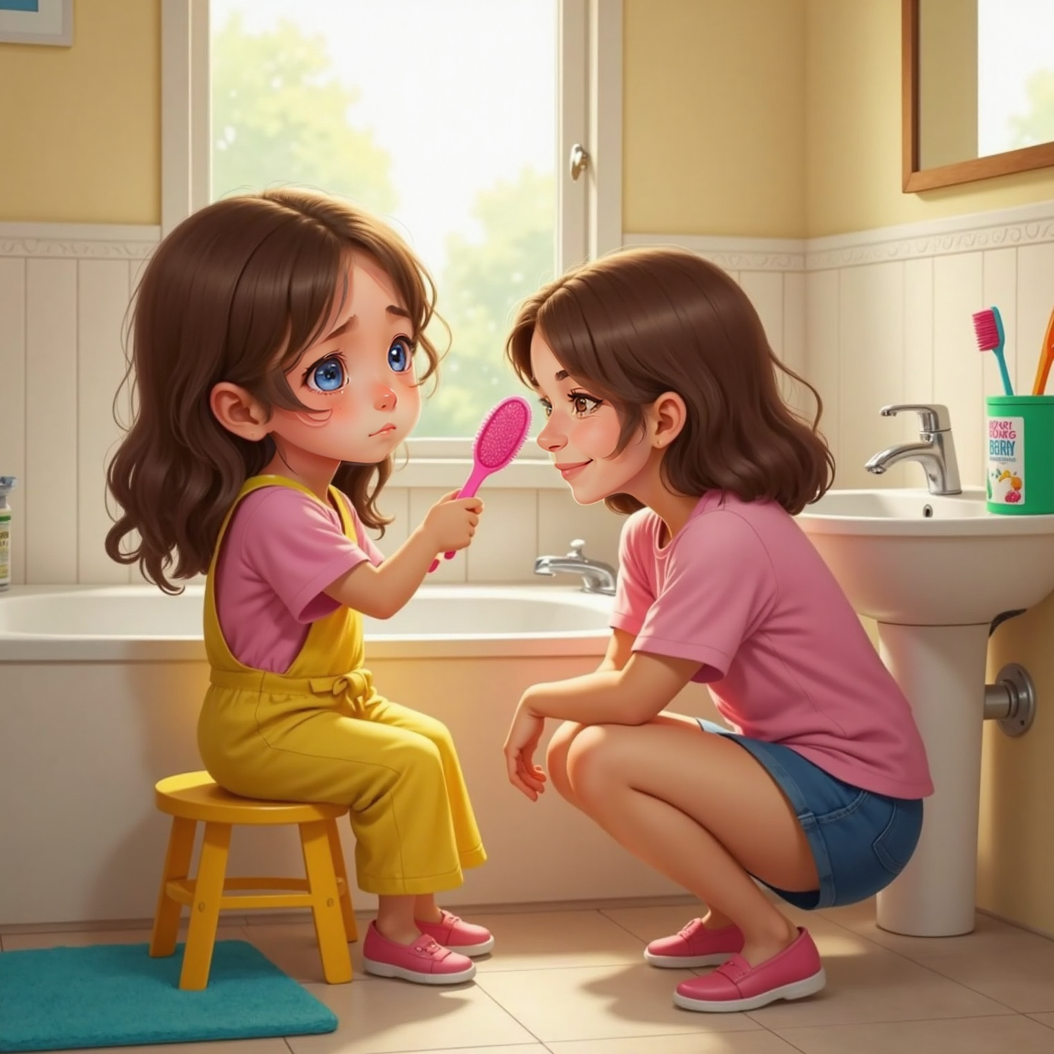 Bright morning bathroom; Phoebe sits on a low stool clutching a pink brush tangled in her long hair while Mommy gently untangles strands beside a sunlit mirror.
