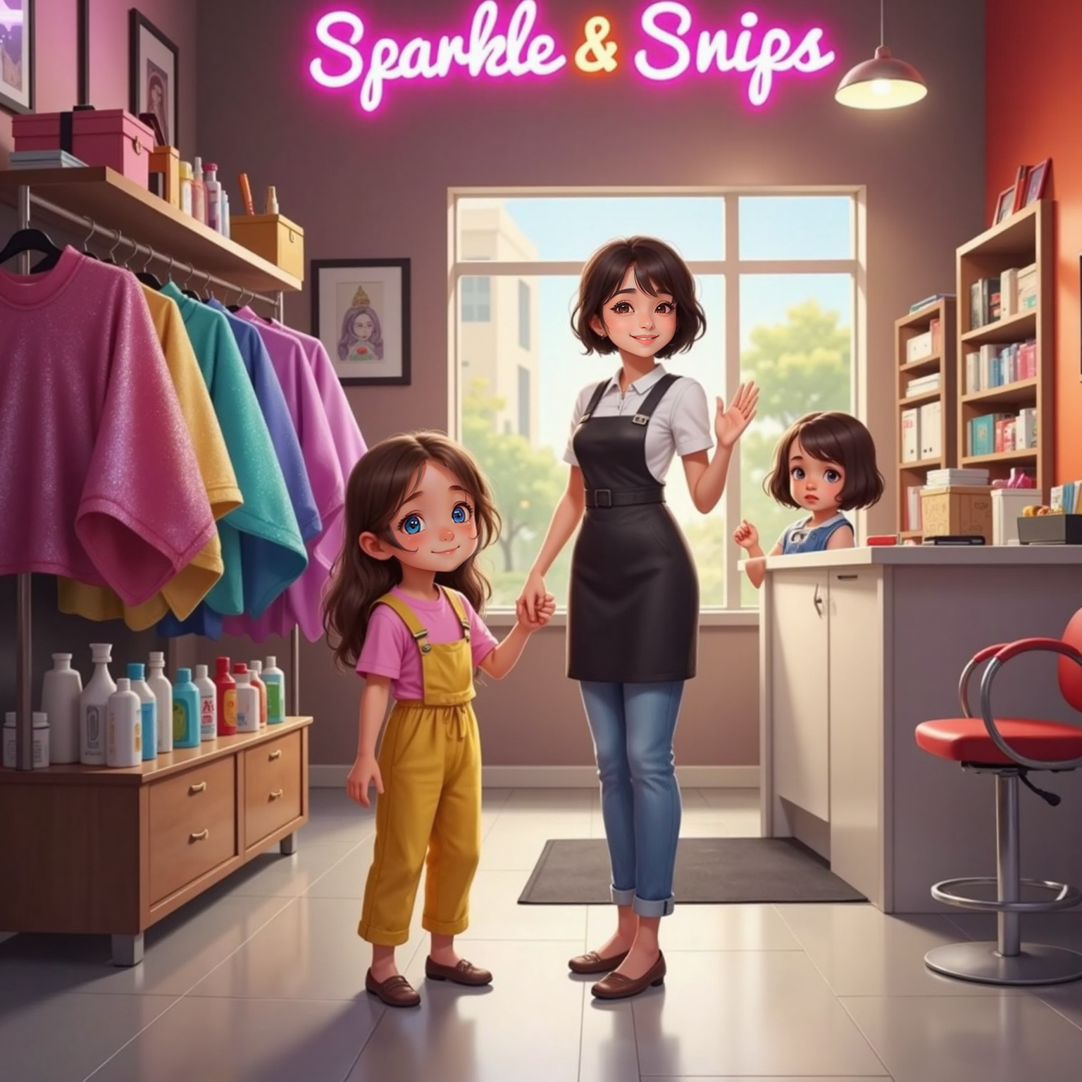 Busy afternoon salon; Phoebe grips Mommy’s hand at the entrance, staring wide-eyed at rows of colorful shining capes, while Sydney waves a friendly welcome from behind a counter crowded with hair products.
