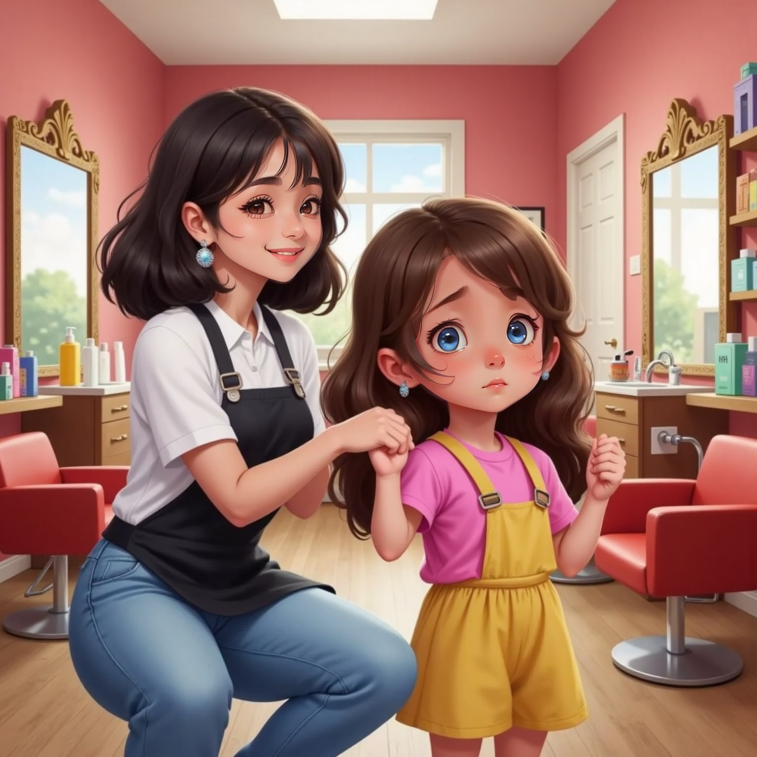 Under bright ceiling lights near the waiting chairs, Sydney kneels smiling, sparkly earrings gleaming, as shy Phoebe peeks from behind Mommy’s arm, clutching her hair like a curtain.