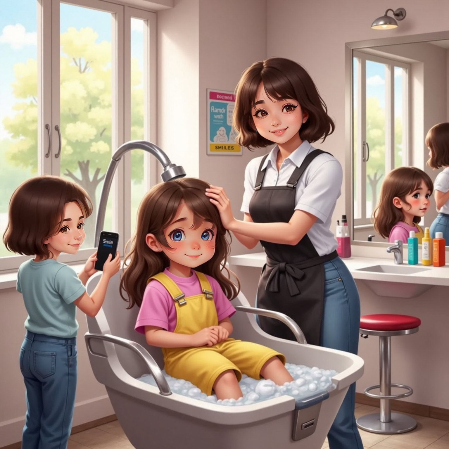 At the salon’s glossy washing station, afternoon light glinting off chrome, Phoebe reclines in a big chair while Sydney massages sudsy bubbles through her hair and Mommy snaps a playful photo with her phone.