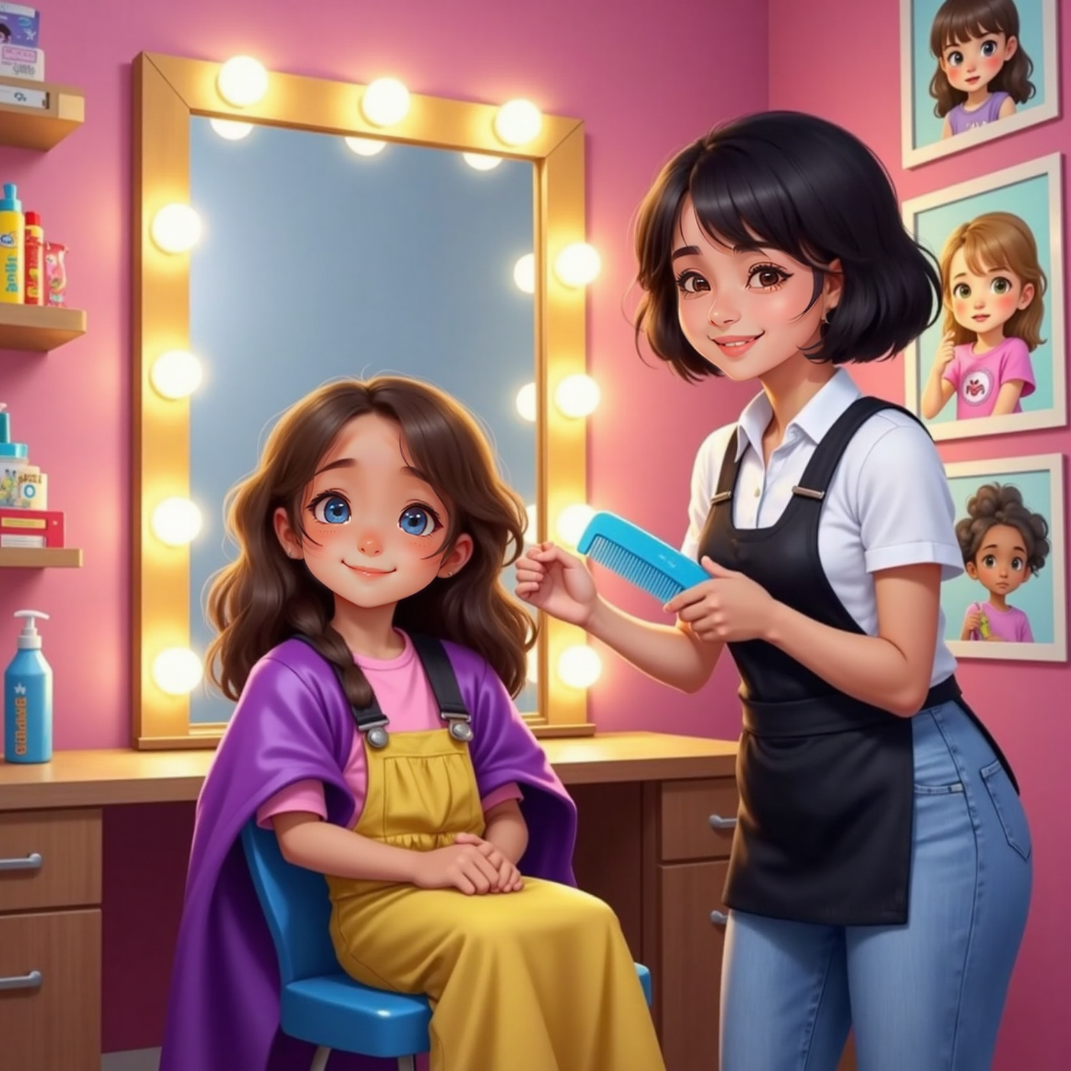 In front of the mirror under bright bulbs, caped in shiny purple, Phoebe pulls a silly face as Sydney stands beside her holding a bright blue magic comb ready to detangle the freshly washed hair.
