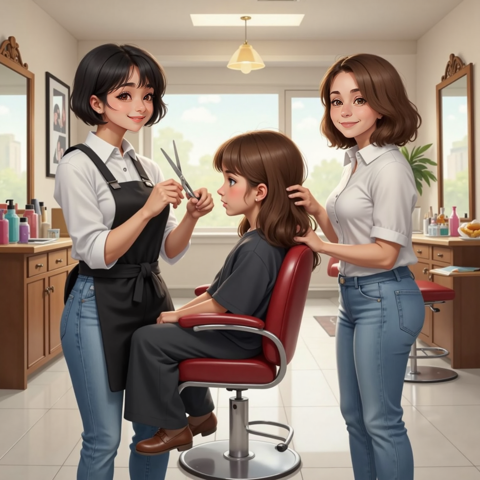 Mid-afternoon beneath overhead lights, Sydney gently snips Phoebe’s hair with gleaming silver scissors while Mommy holds Phoebe’s hand; soft brown strands drift toward the polished floor like loose ribbons.