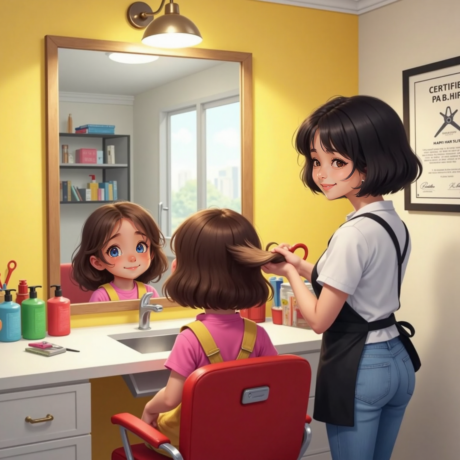 Bright salon station; Sydney shows trimmed ends resting in her palm as Phoebe, seated in the chair, watches their reflection, her shorter hair bouncing around her cheeks.