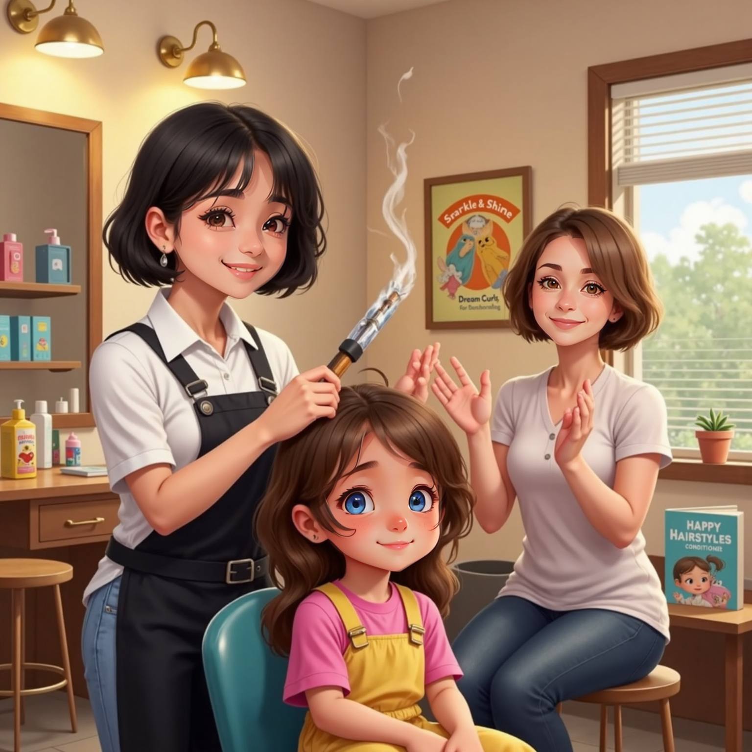 Under warm salon lights, Sydney twirls a curling wand creating soft spiraling curls, steam rising, while Phoebe smiles in the chair and Mommy claps gleefully from a nearby stool.
