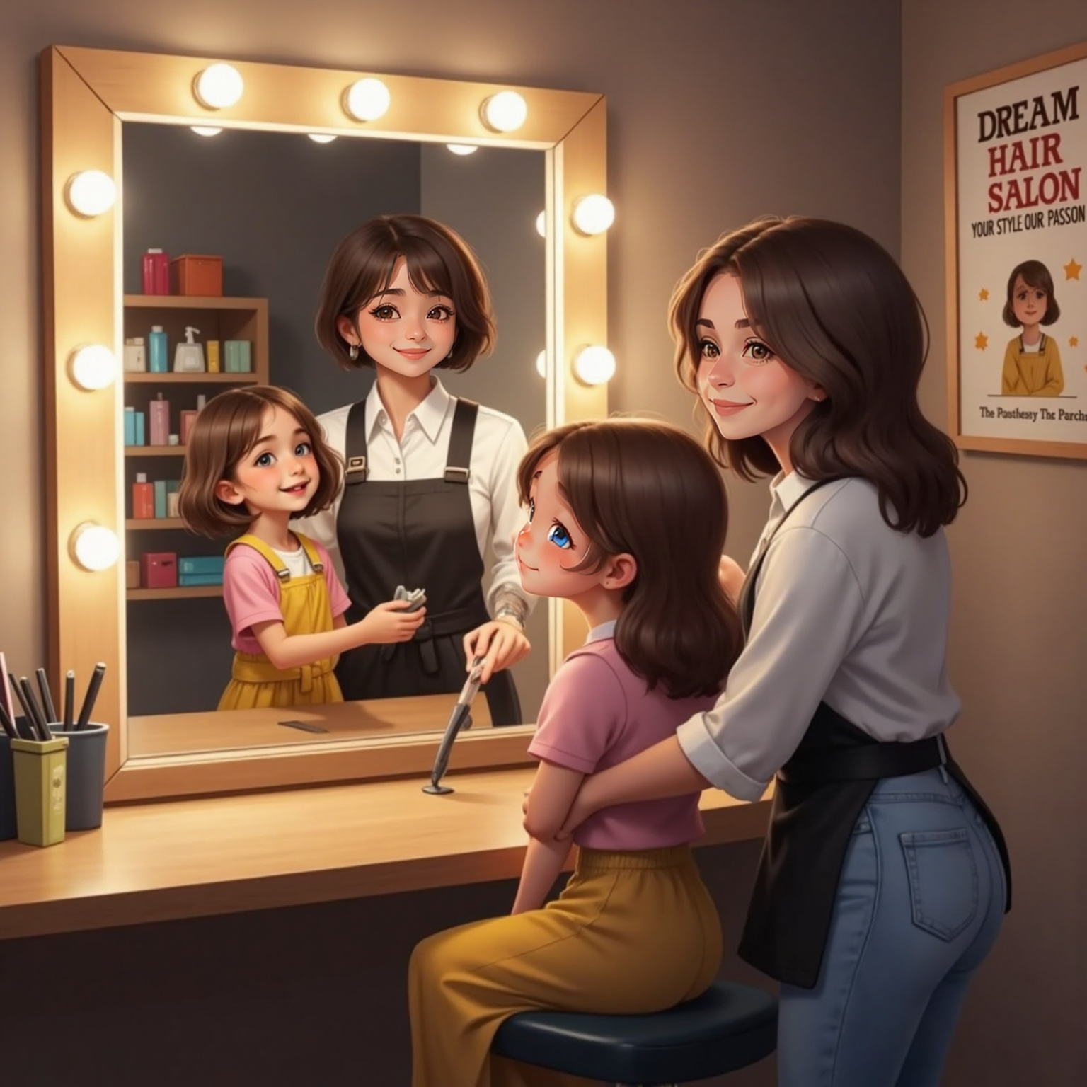 Evening salon mirror aglow; Sydney holds a large handheld mirror behind Phoebe so she can see the shiny curled hairstyle, while Mommy wraps her daughter in a proud hug.