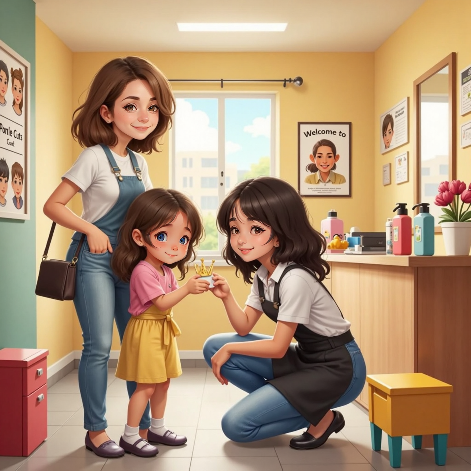 Beside the reception desk under soft ceiling lights, Phoebe hugs Sydney, who kneels to present a tiny crown sticker; Mommy smiles nearby, purse slung over shoulder.