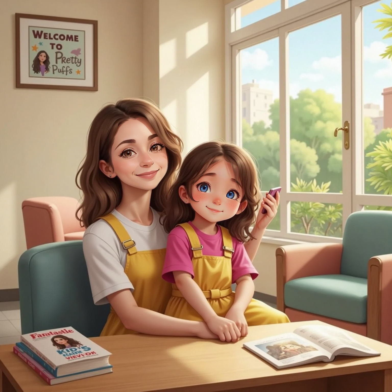 Inside the brightly lit waiting area, Mommy holds a phone at arm’s length as Phoebe, perched on her lap, grins for a selfie, both curls and smiles reflecting in the salon windows.