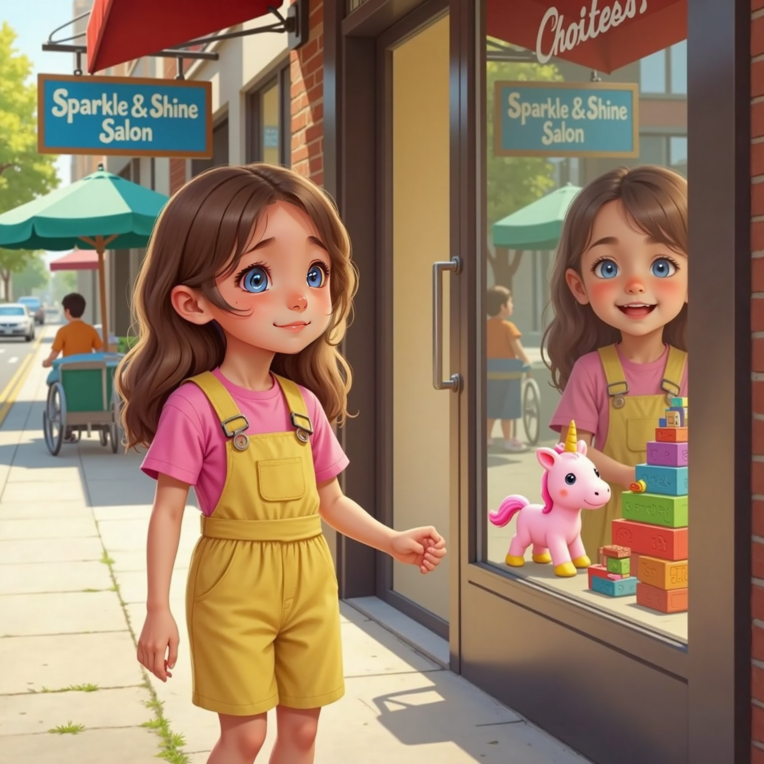 Late afternoon sidewalk outside the salon; Phoebe and Mommy walk hand-in-hand past a shop window where Phoebe pauses, admiring her reflection and swinging her newly light hair.