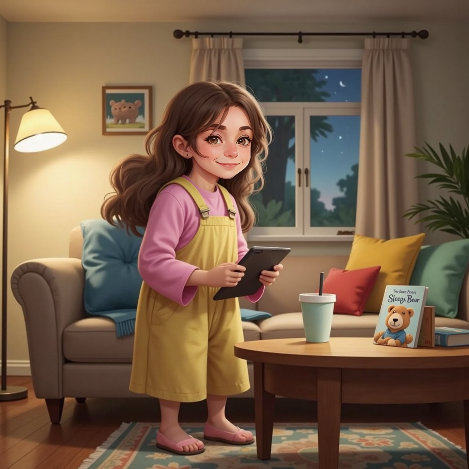 Evening living room, lamplight glowing; Phoebe beams at a tablet during video chat, turning her head to showcase bouncy curls while Mommy smiles in the background near a cozy sofa.