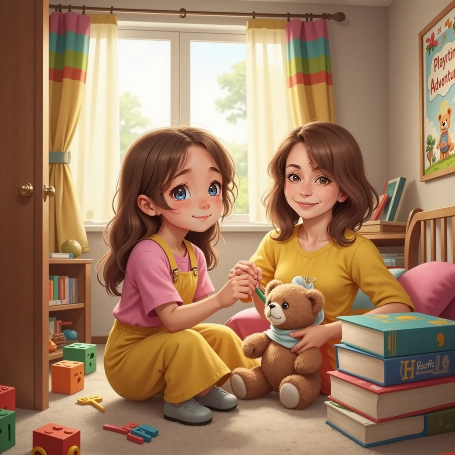 Phoebe’s colorful bedroom, daylight streaming through curtains; Phoebe trims her stuffed bear’s fur with toy scissors, Bear wrapped in a small towel, while Mommy laughs from the doorway.