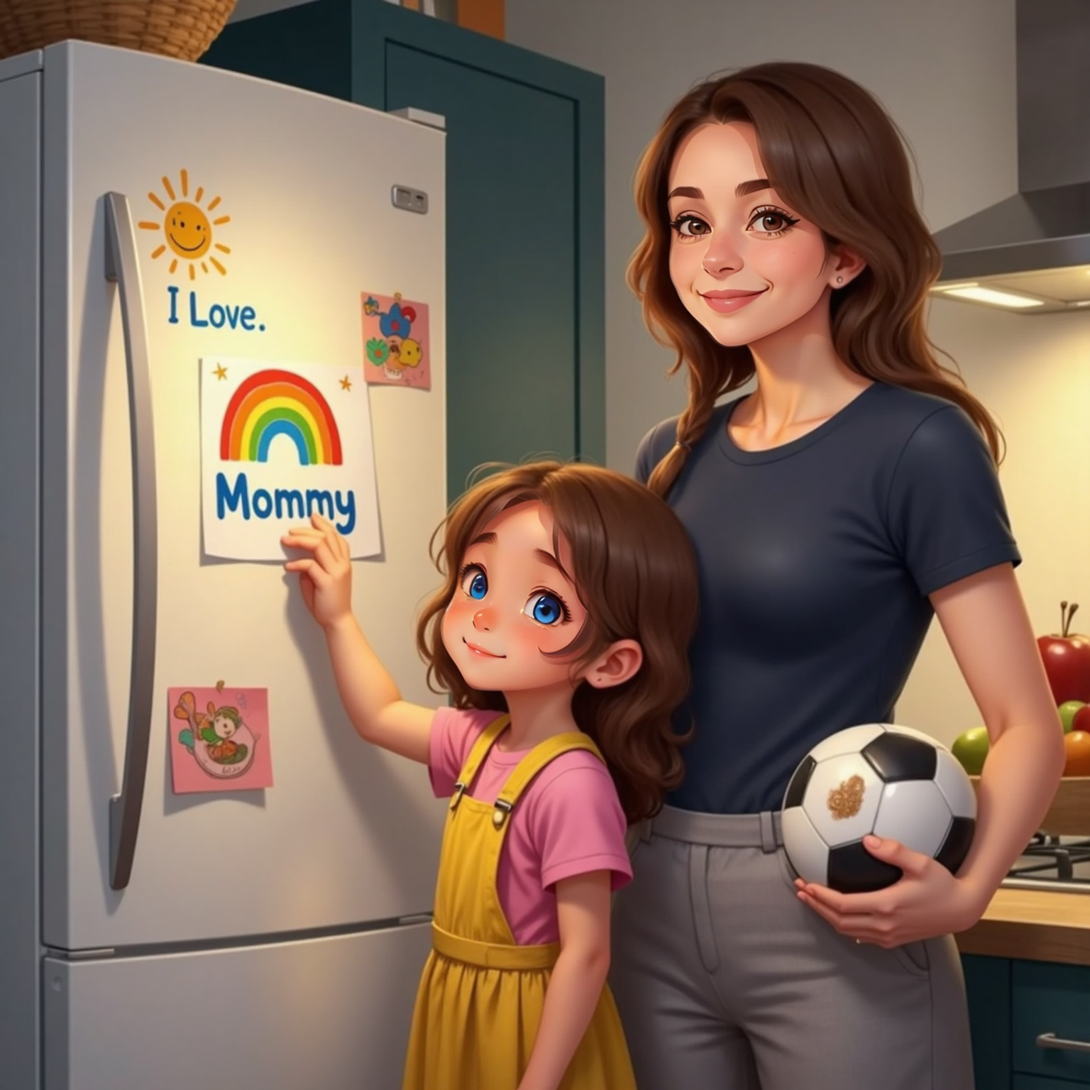 Kitchen evening; Phoebe presses a rainbow-filled drawing onto the refrigerator door, curls bouncing, while Mommy stands beside her, smiling proudly and holding a soccer ball from practice.