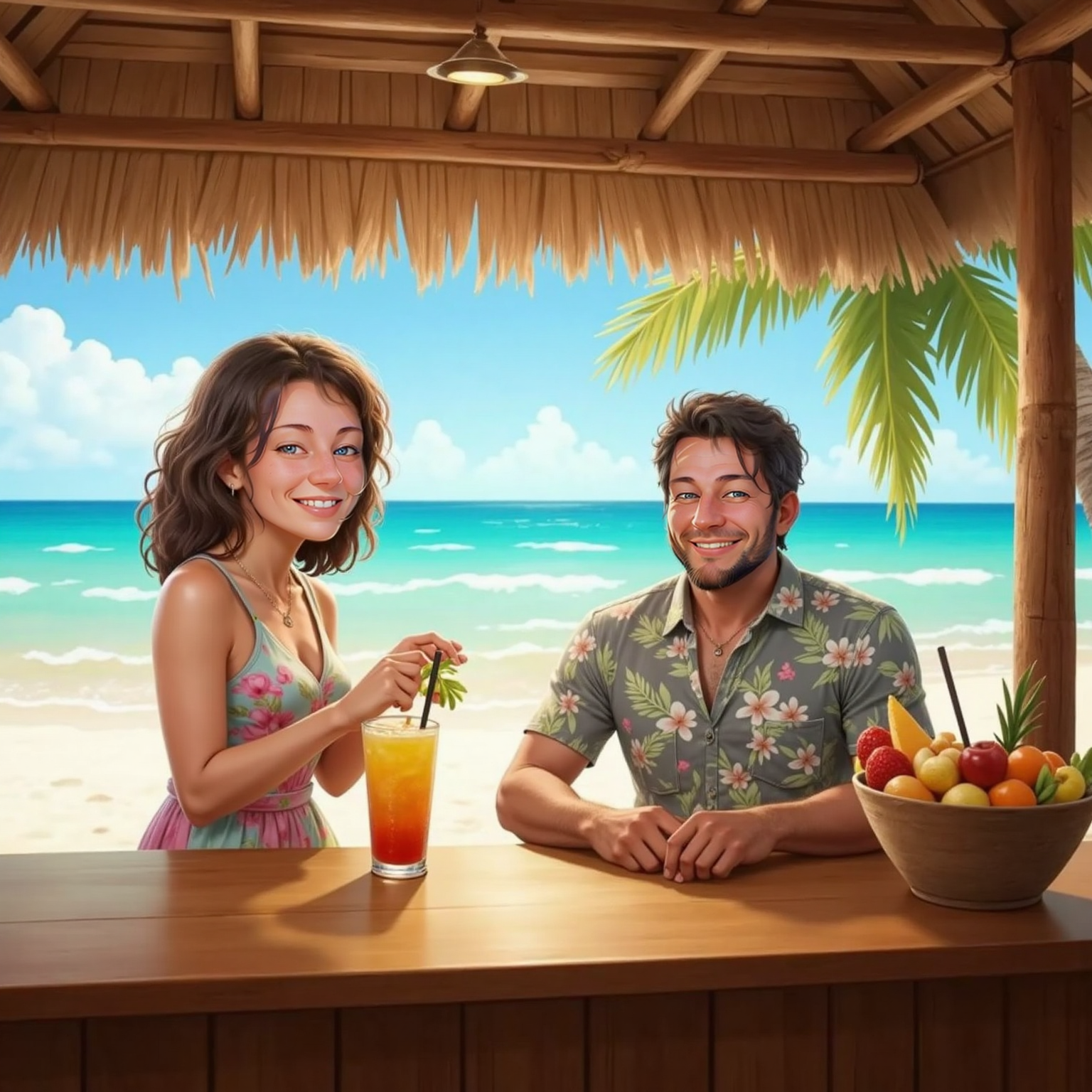 At a sunny South Florida beachfront bar, Bailey smiles behind the counter shaking a colorful drink while Heber stands opposite, leaning forward with an awestruck grin, bright noon light glinting off the waves.