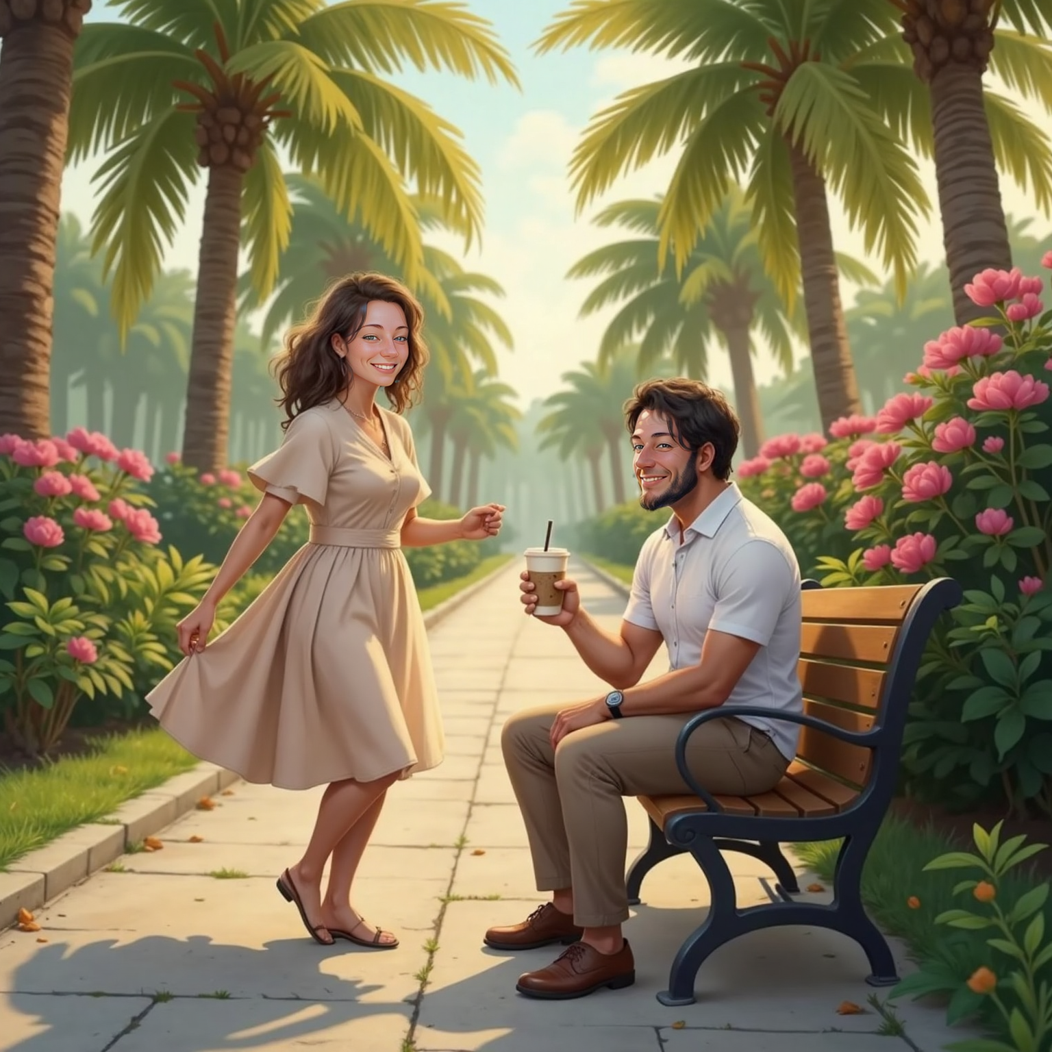 In a palm-lined South Florida park at golden afternoon, Heber sits patiently on a bench watching Bailey approach laughing; she offers him an iced coffee, both faces lit with blossoming affection.