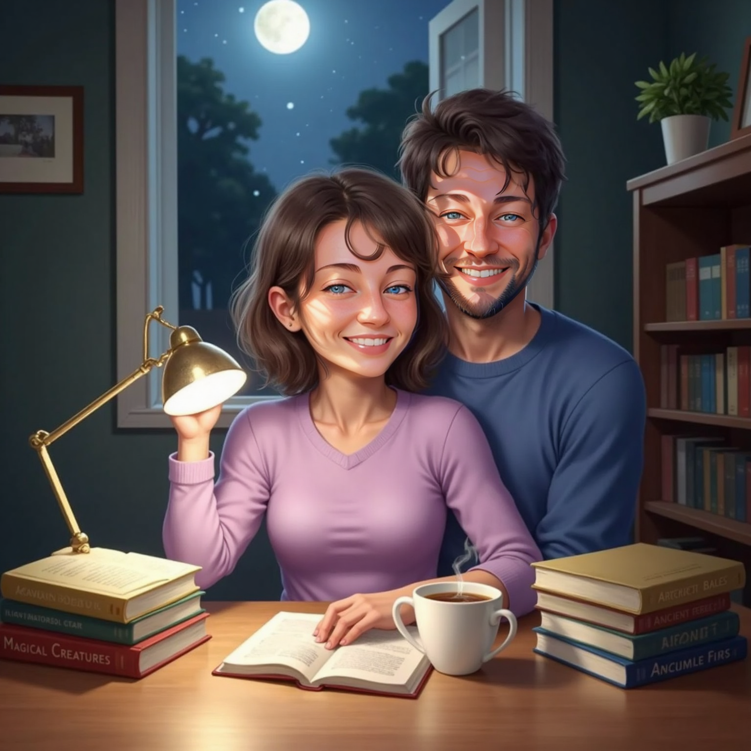 Inside a small Gainesville apartment at night, Bailey studies at a lamp-lit desk stacked with textbooks while Heber gently hugs her from behind, both smiling softly, moonlight filtering through the window.
