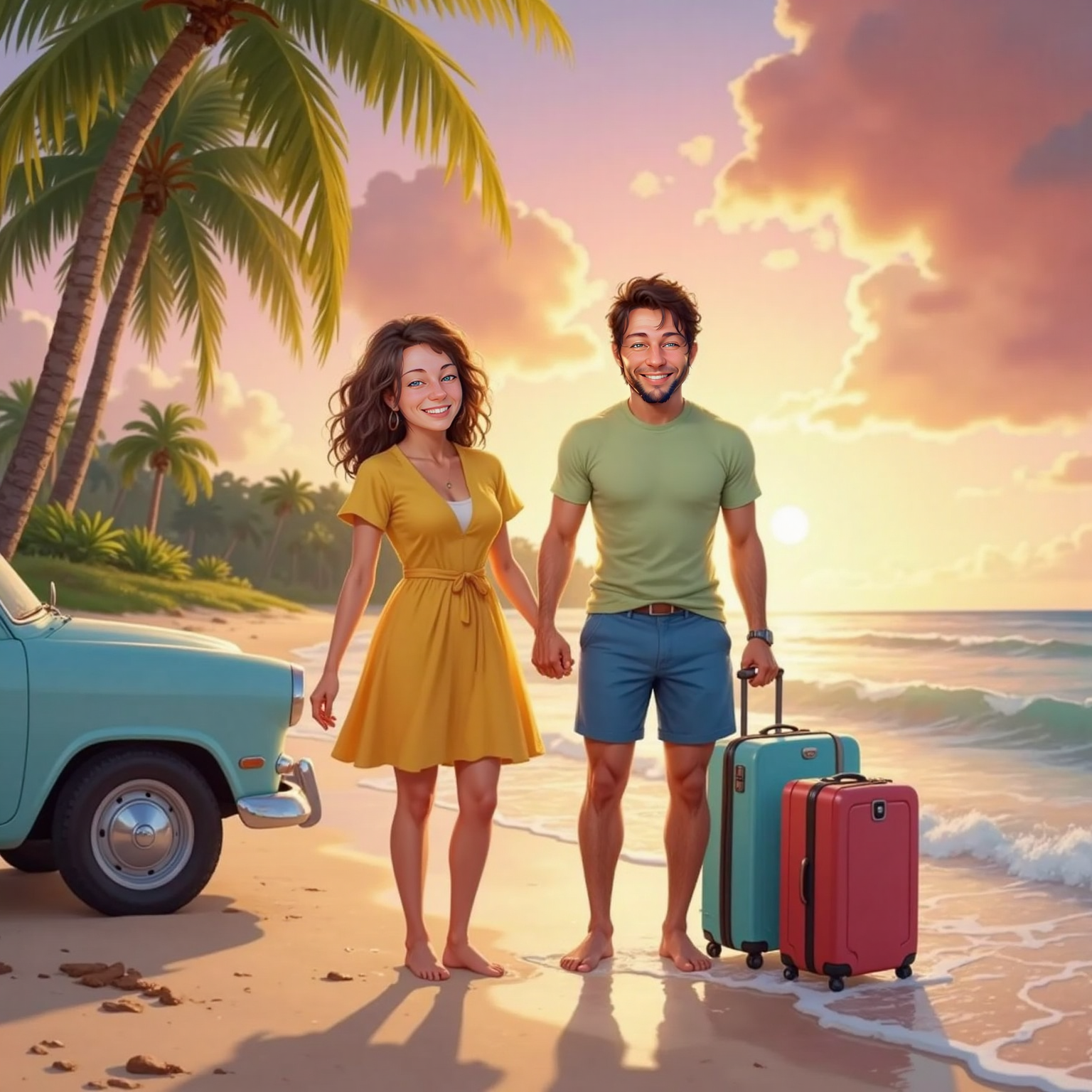 On a dawn-pink South Florida shoreline, suitcases rest beside a parked car as barefoot Heber and Bailey stand hand-in-hand in wet sand, faces joyful, palm fronds swaying in the warm breeze.