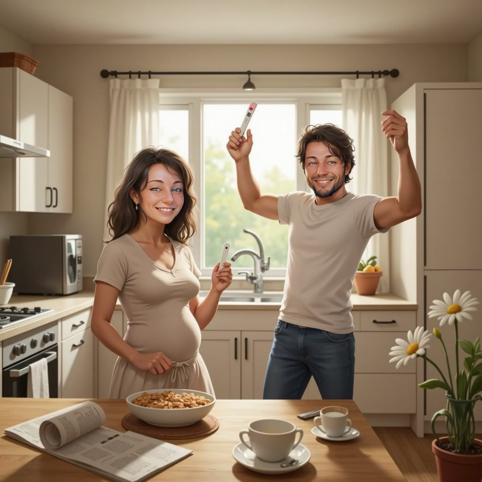 In their sunlit kitchen, Bailey holds up a positive pregnancy test with a wide grin while Heber beside the table twirls mid-dance, arms raised and eyes sparkling, morning light spilling across scattered breakfast dishes.
