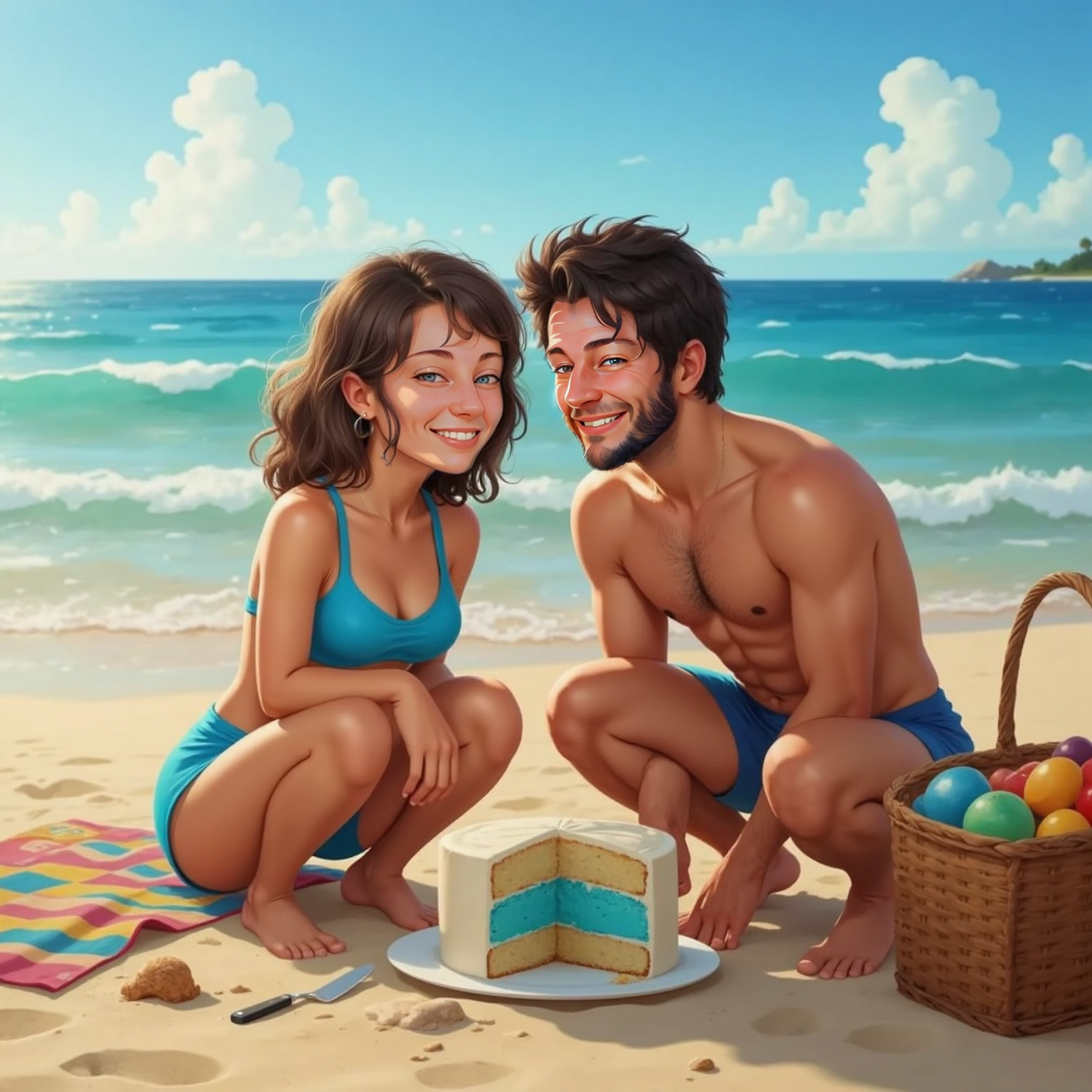 Under blazing midday sun on a quiet beach, Heber and Bailey kneel over a sliced cake revealing bright blue filling, wind tousling their hair as waves glitter behind and a tiny knife rests in the sand.