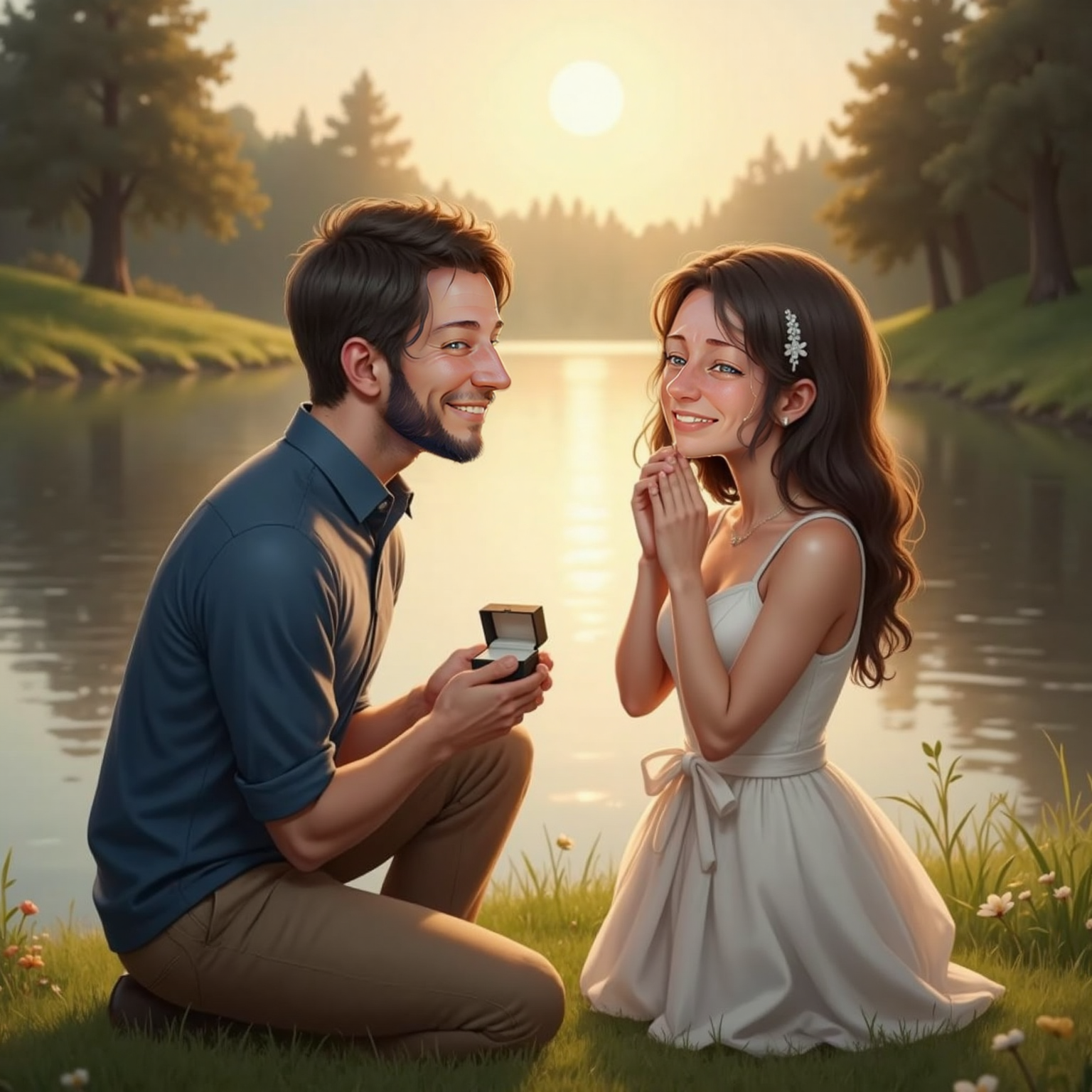 Beside a sparkling lake at sunset, Heber kneels on the grassy bank presenting a ring toward Bailey, whose hands cover tearful eyes; golden light shimmers across the water and surrounding pines.