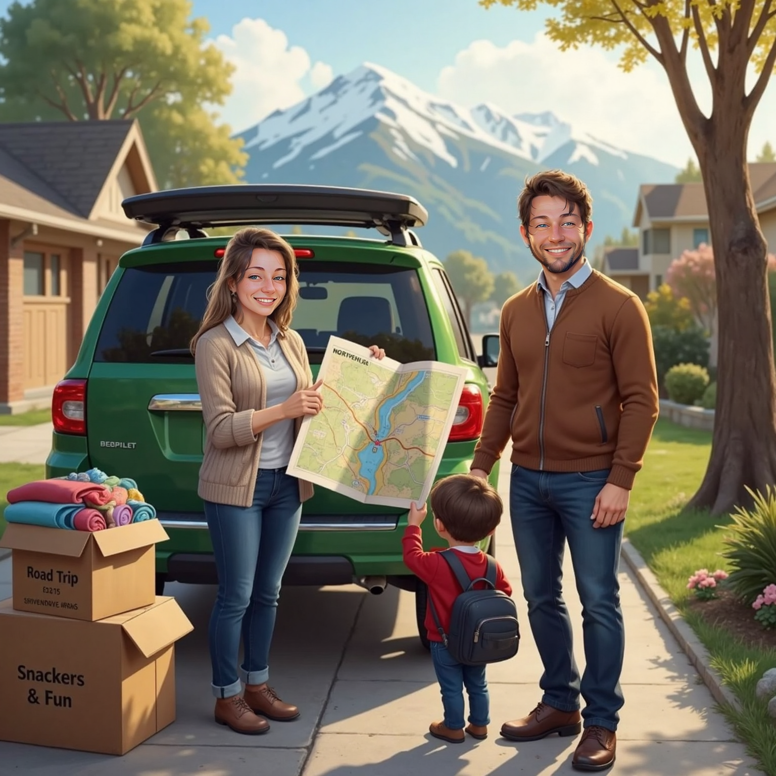 Morning light fills a driveway where cardboard boxes lie open; Heber secures a bulging roof rack on their car while Bailey holds a roadmap toward the snow-tipped north, both smiling at the new journey.