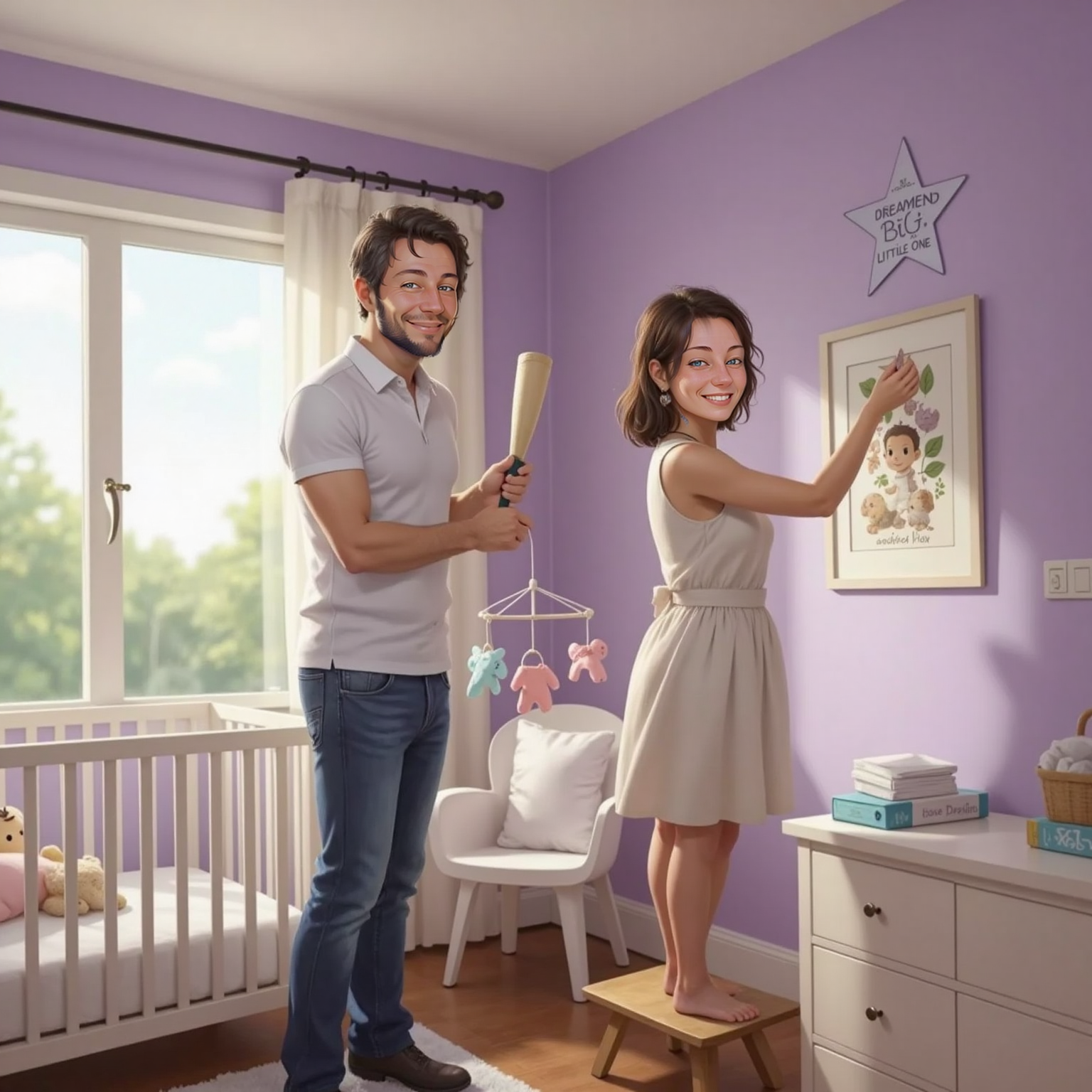In a softly lit nursery, Heber rolls pastel paint across the wall while Bailey, standing on a step stool, hangs tiny clothes and a silver paper star; afternoon sun filters through gauzy curtains.