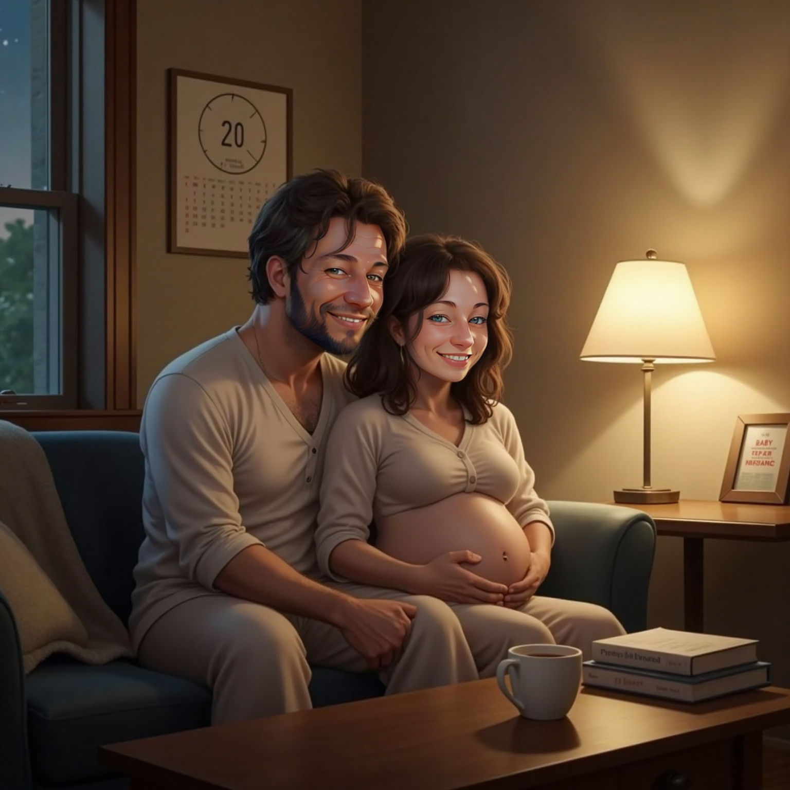 Late at night in the living room, dim lamplight glows as Heber sits beside Bailey on the couch, both hands resting on her rounded belly, calendar with circled due date pinned on nearby wall.