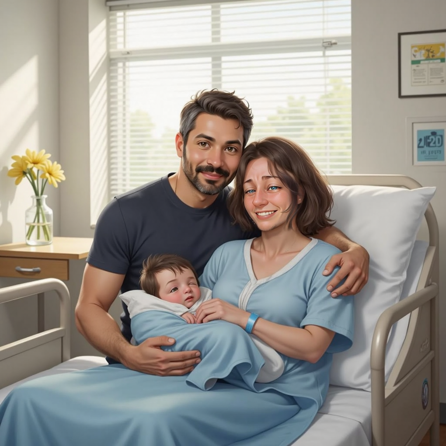 In a bright hospital room morning, Heber and Bailey sit side by side on the bed cradling their newborn son wrapped in a soft blue blanket, joyful tears on their faces as sunlight streams through blinds.