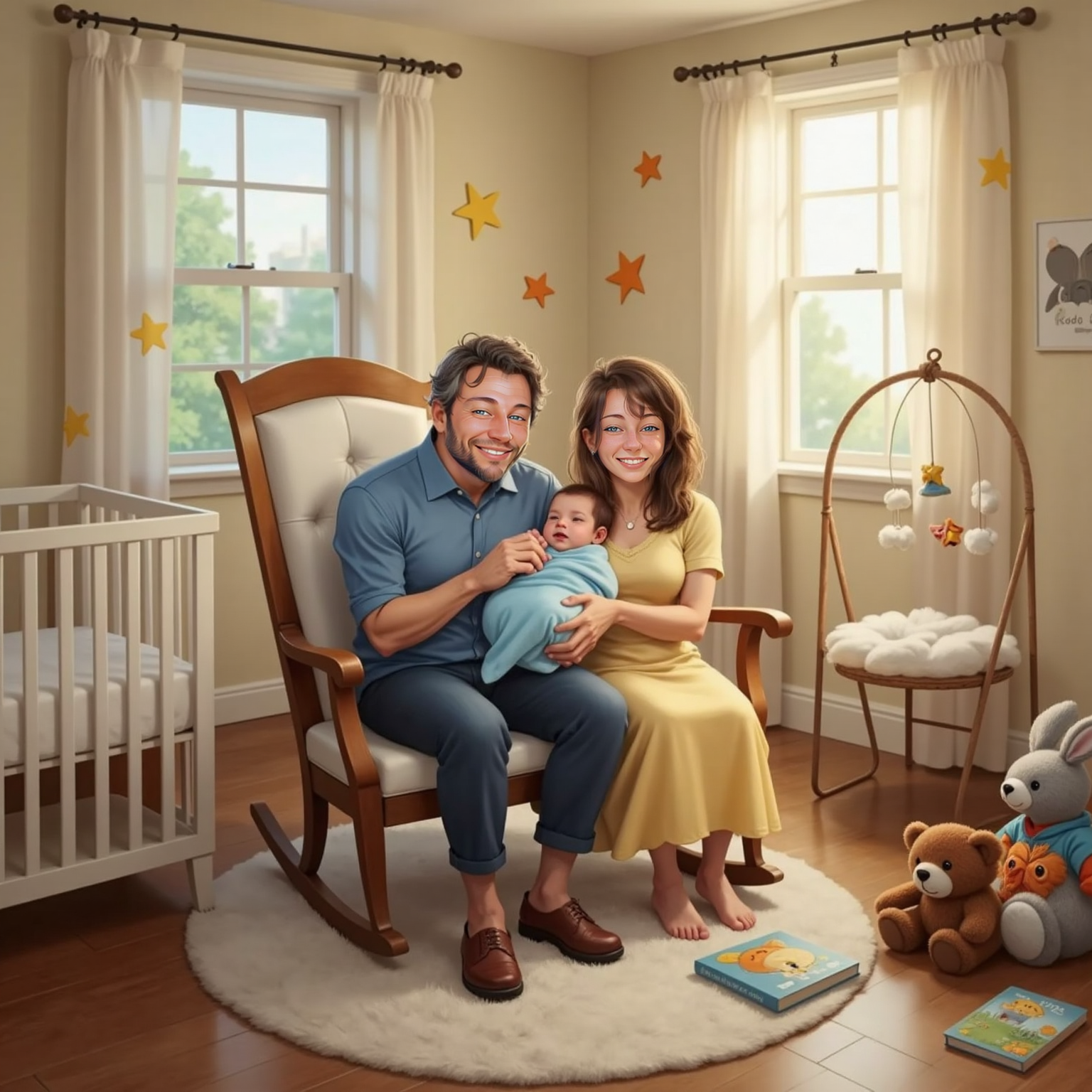 During a sunny afternoon in the nursery, Heber and Bailey relax in a rocking chair singing while their newborn son wrapped in a soft blue blanket nestles between them; scattered plush toys and storybooks brighten the room.