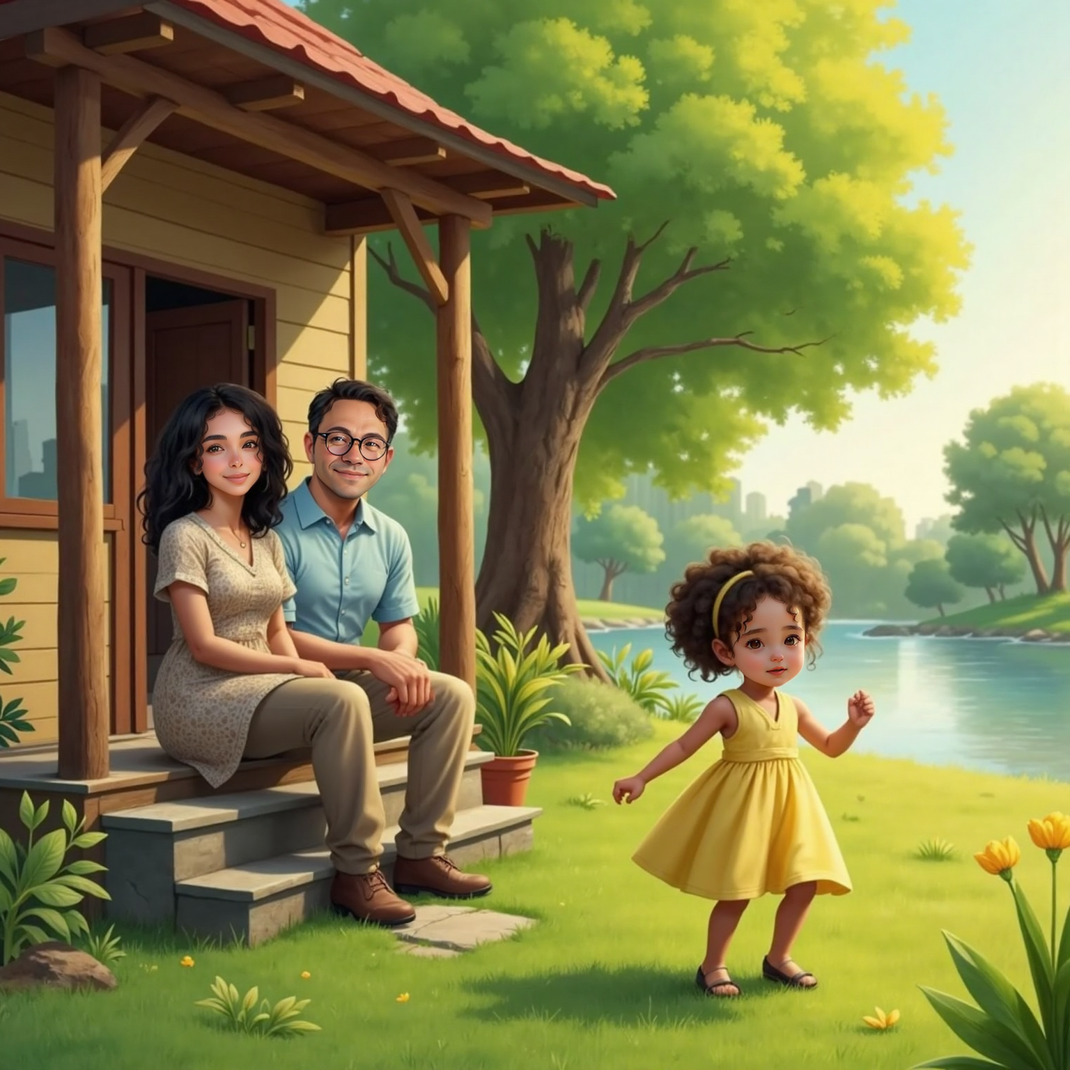 Outdoor late afternoon beside the little riverside house, Ayla darts across the grassy yard toward tall green trees, laughing, while Umit and Mariam sit on the wooden porch steps smiling proudly.