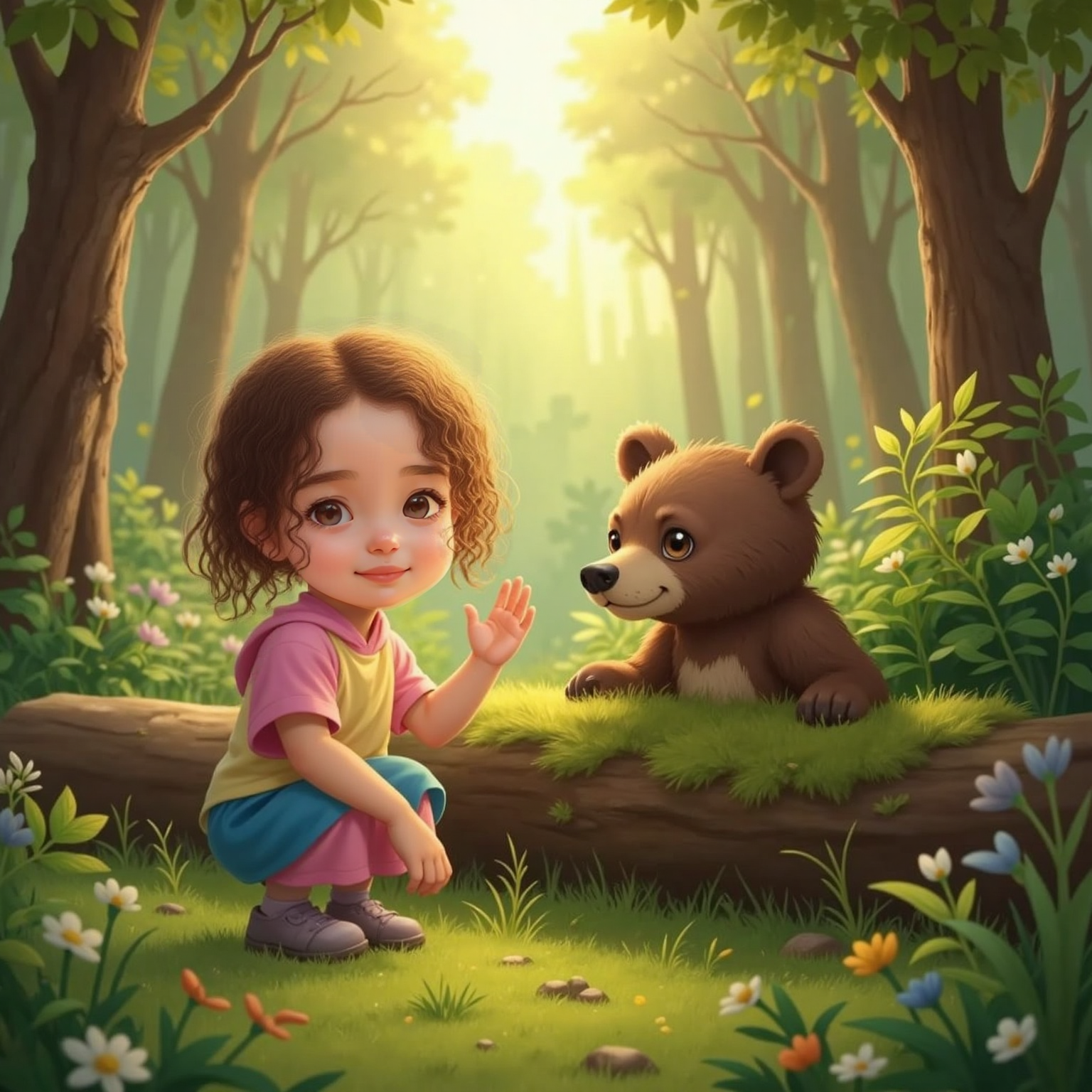 Morning sunlight filters through forest trees as Ayla kneels behind a fallen log, smiling and waving at Bear who peers from rustling bushes, their faces bright with curiosity.