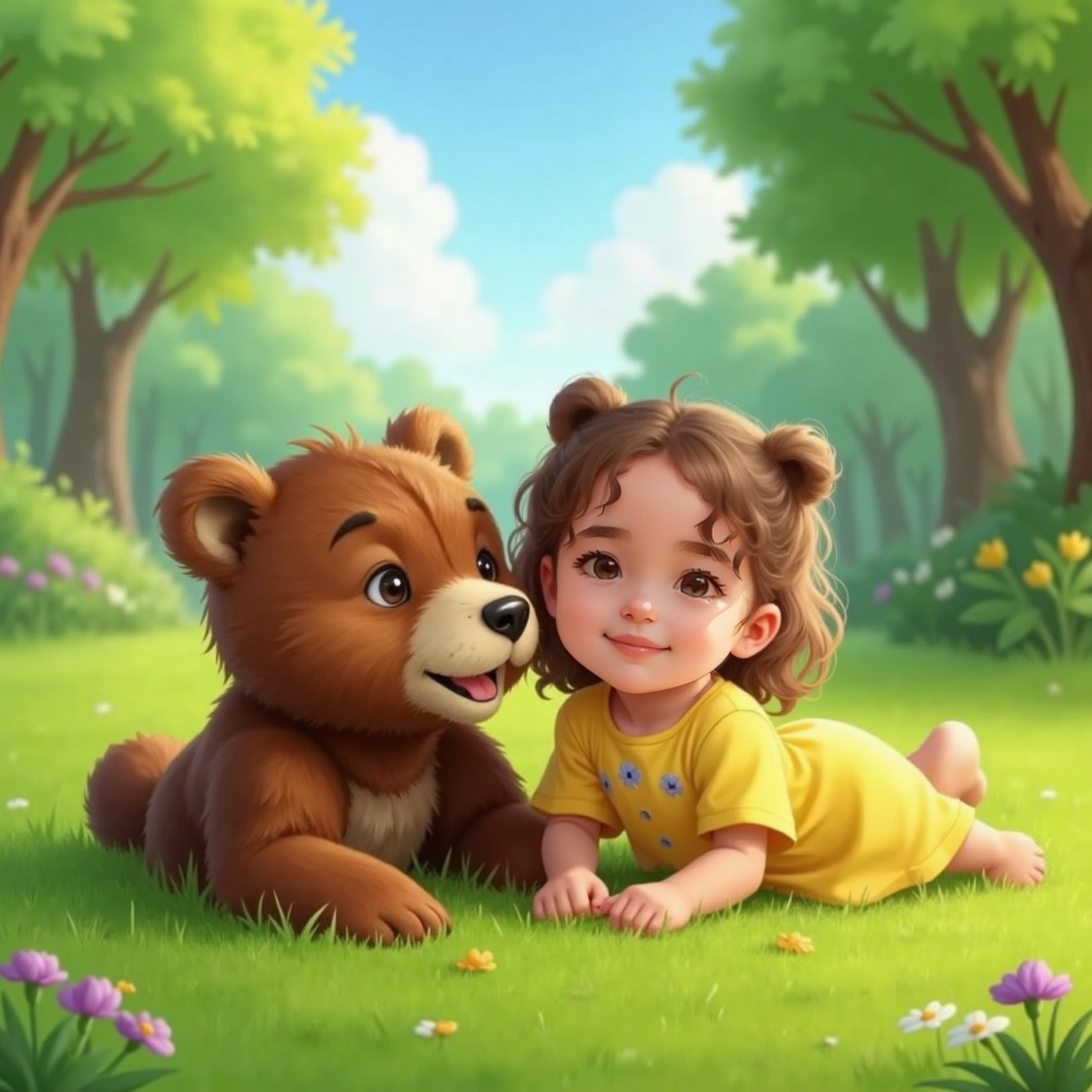 On a sunny clearing, Ayla giggles while patting Bear’s soft fur, both lying on green grass with noses close and wide joyful grins.