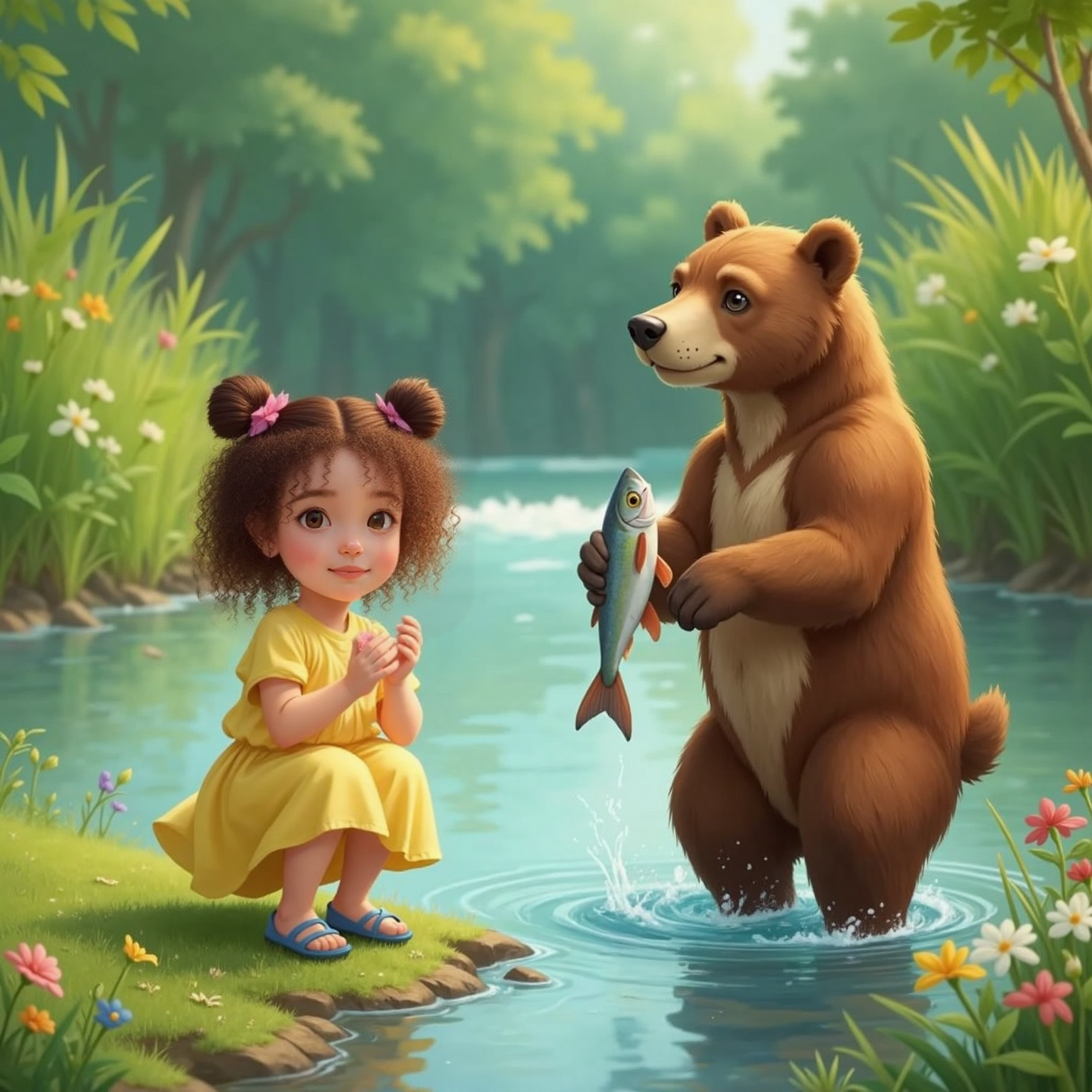 Beside the sparkling river at midday, Bear stands ankle-deep in water holding a wriggling fish in his jaws, while Ayla kneels on the bank clapping and beaming.