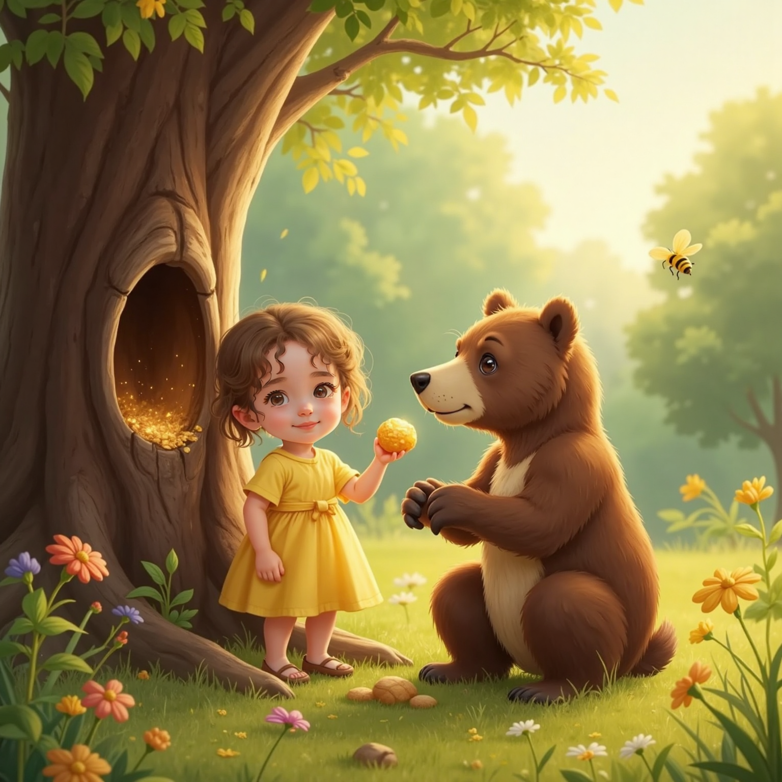 Under the warm afternoon sun, Bear balances against a buzzing tree trunk, paw scooping golden honey toward Ayla who licks sticky fingers and smiles, cheeks smeared with shining amber.