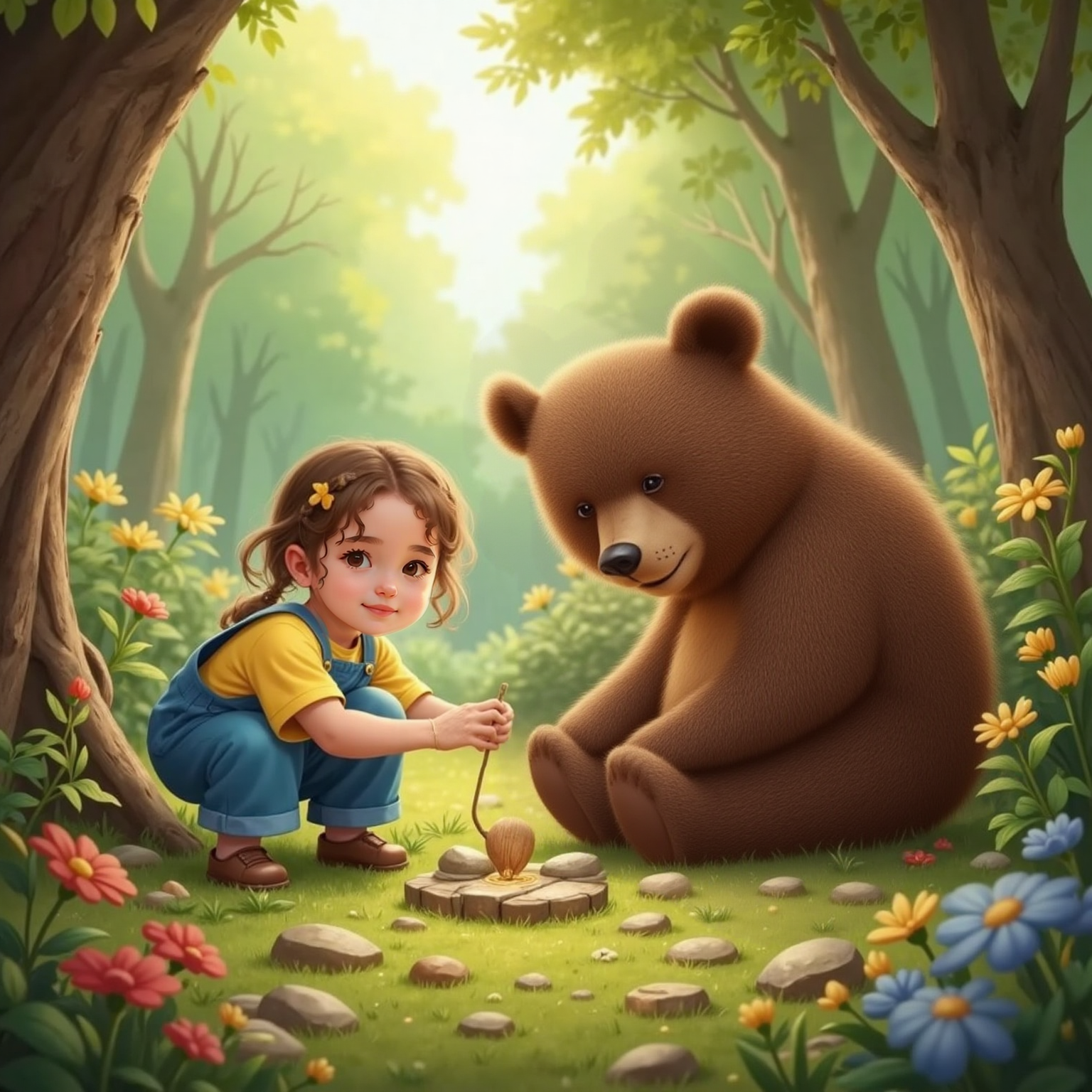 Late morning in the dappled forest, Ayla and Bear crouch by a mossy log arranging shiny stones and bright flowers on the ground, admiring their colorful collection.