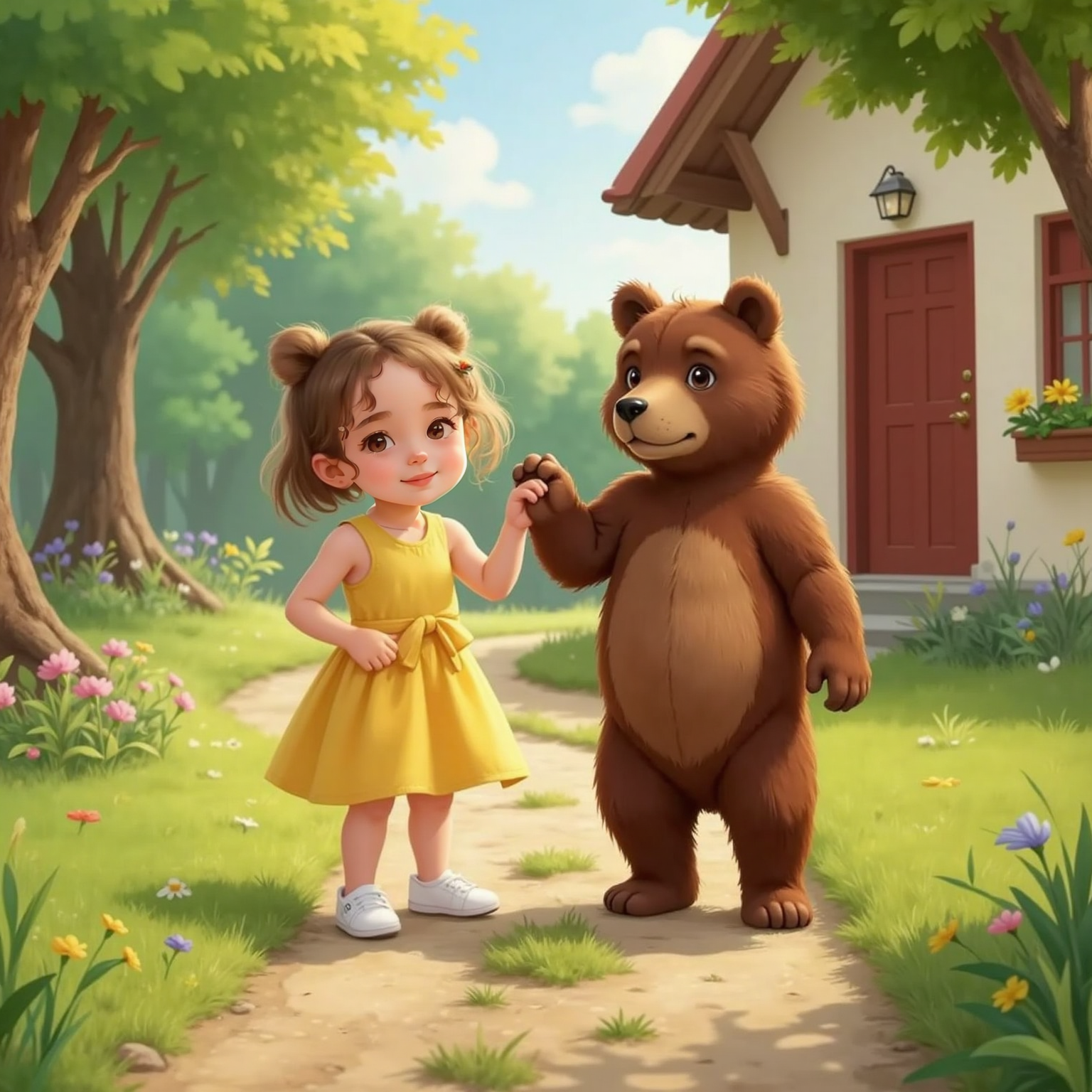 On the sunlit path near Ayla’s house, Ayla tugs Bear’s paw and points forward excitedly, while Bear stands upright beside her, nose twitching and eyes wide with anticipation.