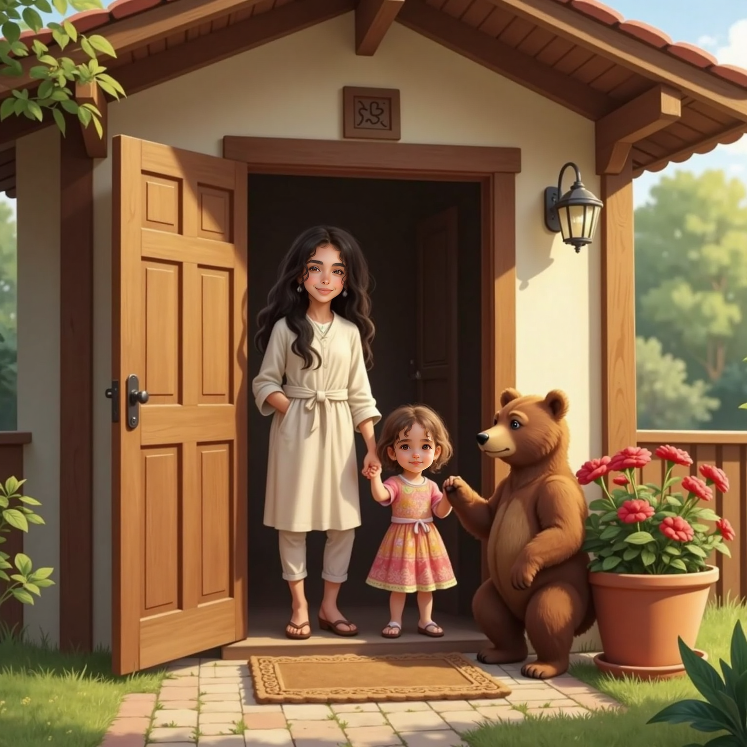 In the cozy doorway of the little house, Ayla stands grinning beside Bear who raises a gentle paw, while Mariam holds the door open, eyebrows lifted yet smiling in welcome.
