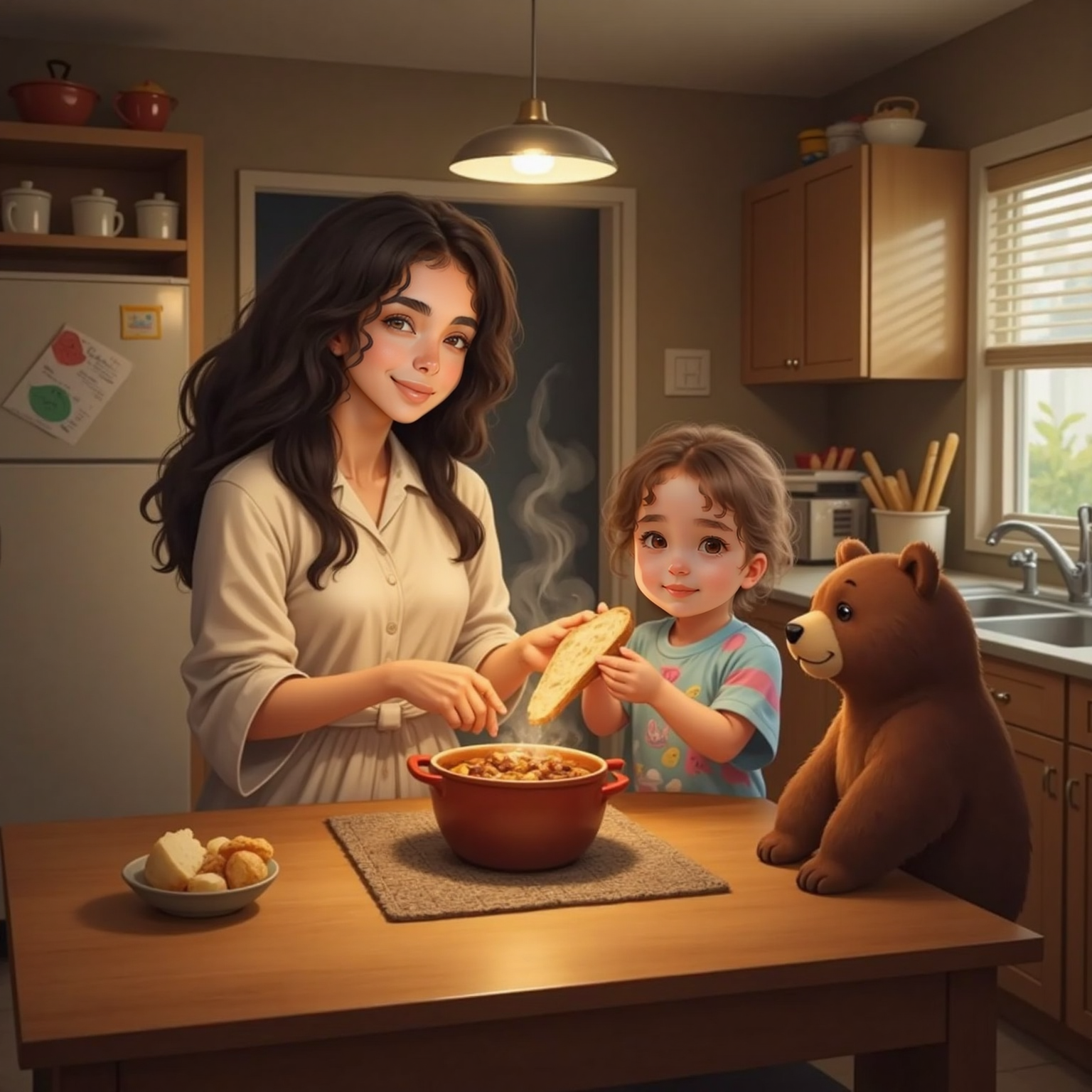 Evening lamplight fills the kitchen as Mariam sets a steaming pot on the table where Ayla offers a slice of bread to Bear, who licks his lips with messy delight.