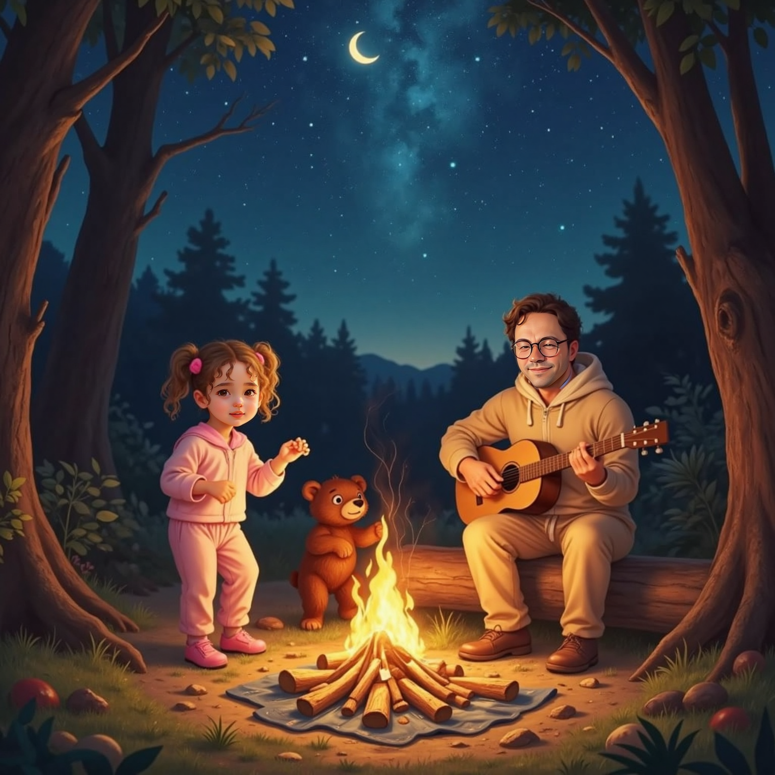Under a starry night sky beside a crackling campfire, Ayla twirls holding Bear’s paws while Umit strums a small guitar, flames casting warm orange light on their laughing faces.