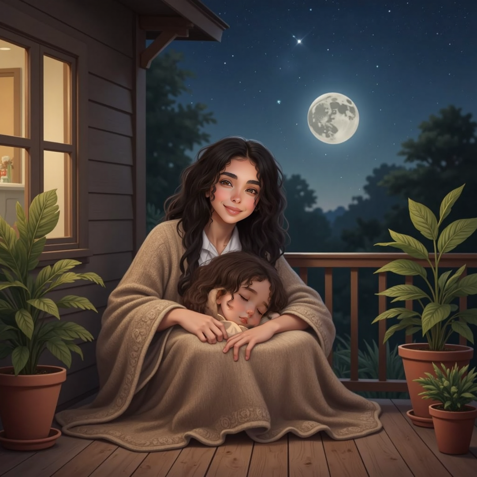 Soft moonlight bathes the porch as Ayla hugs Bear’s neck, eyes closed contently, while Mariam drapes a thick blanket over them both, creating a tender, sleepy bundle.
