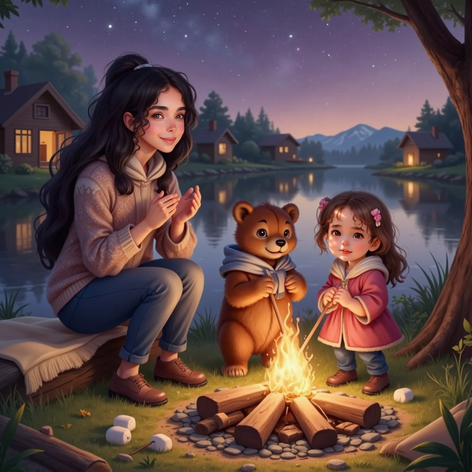 At twilight beside the familiar campfire, Bear sways with Ayla and Father while Mariam claps rhythmically, sparks rising into the purple sky above the cozy riverside house.