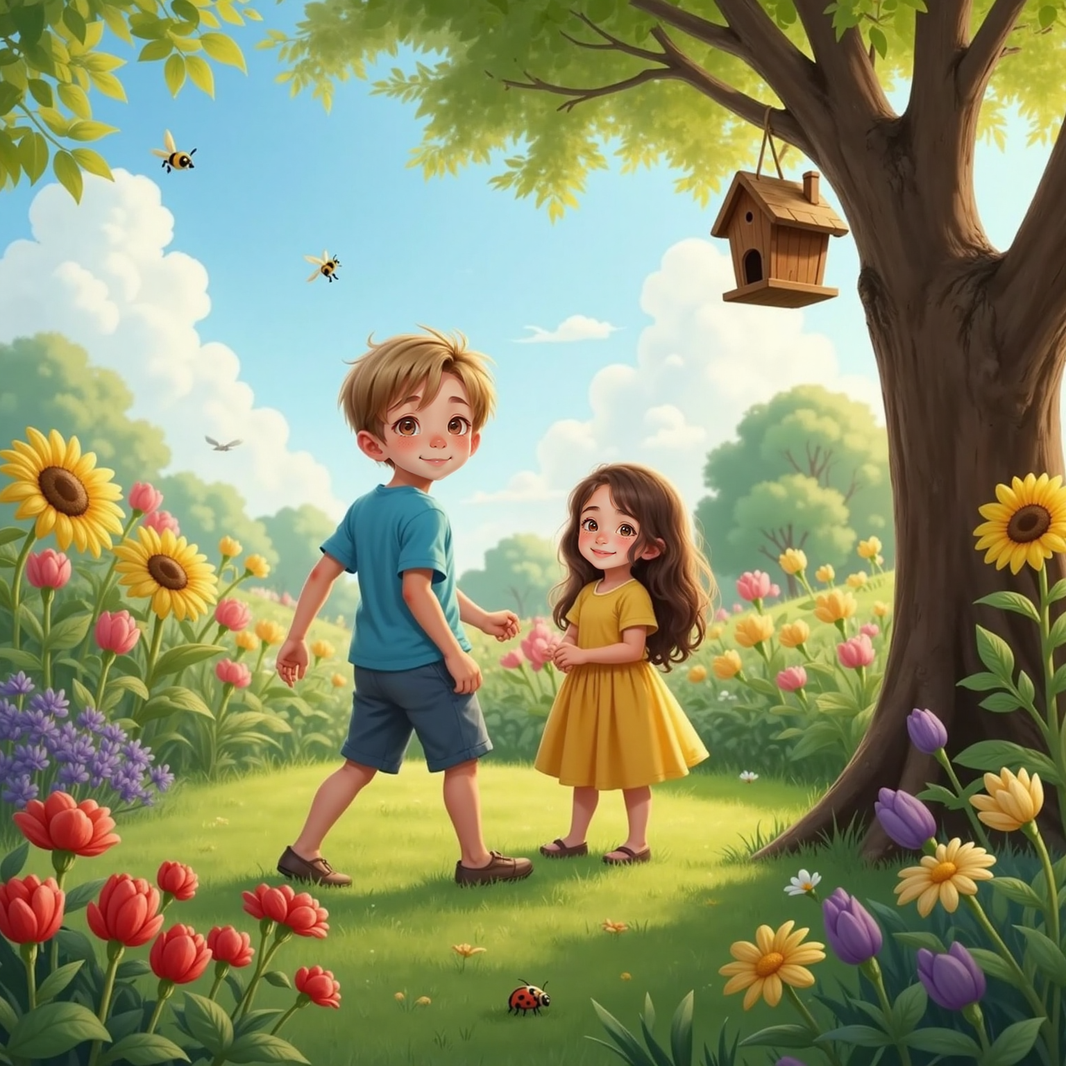 In the sunlit garden, Dinu smiles while strolling among bright flowers; Ana tilts her head toward the sky, eyes shining as birds chirp above. Morning light warms the colorful beds.