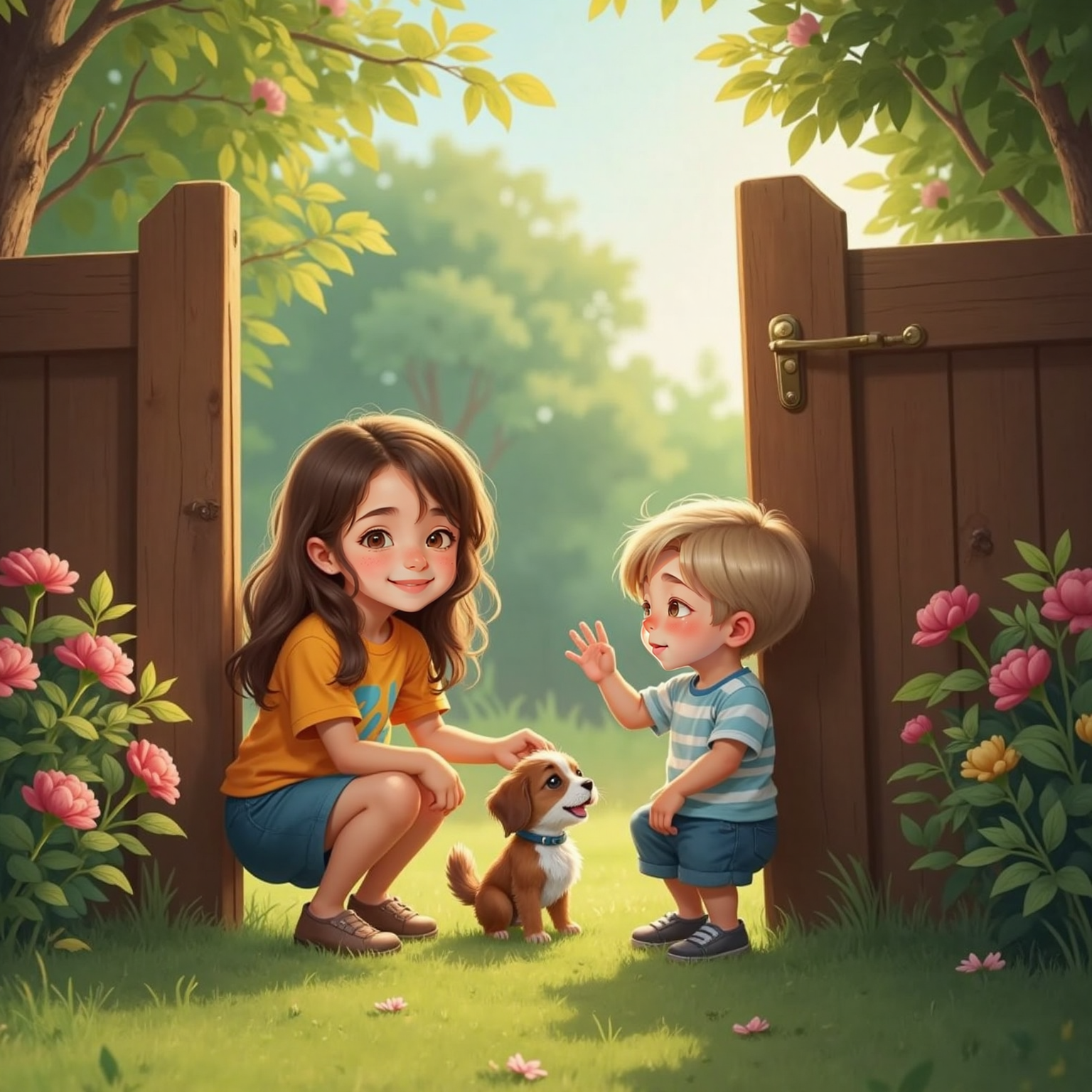 By the wooden garden gate on a bright afternoon, Ana kneels to stroke a fluffy tail-wagging dog as Dinu laughs, hand raised while the puppy licks his fingers. Late-day sunshine slants through the open gate.